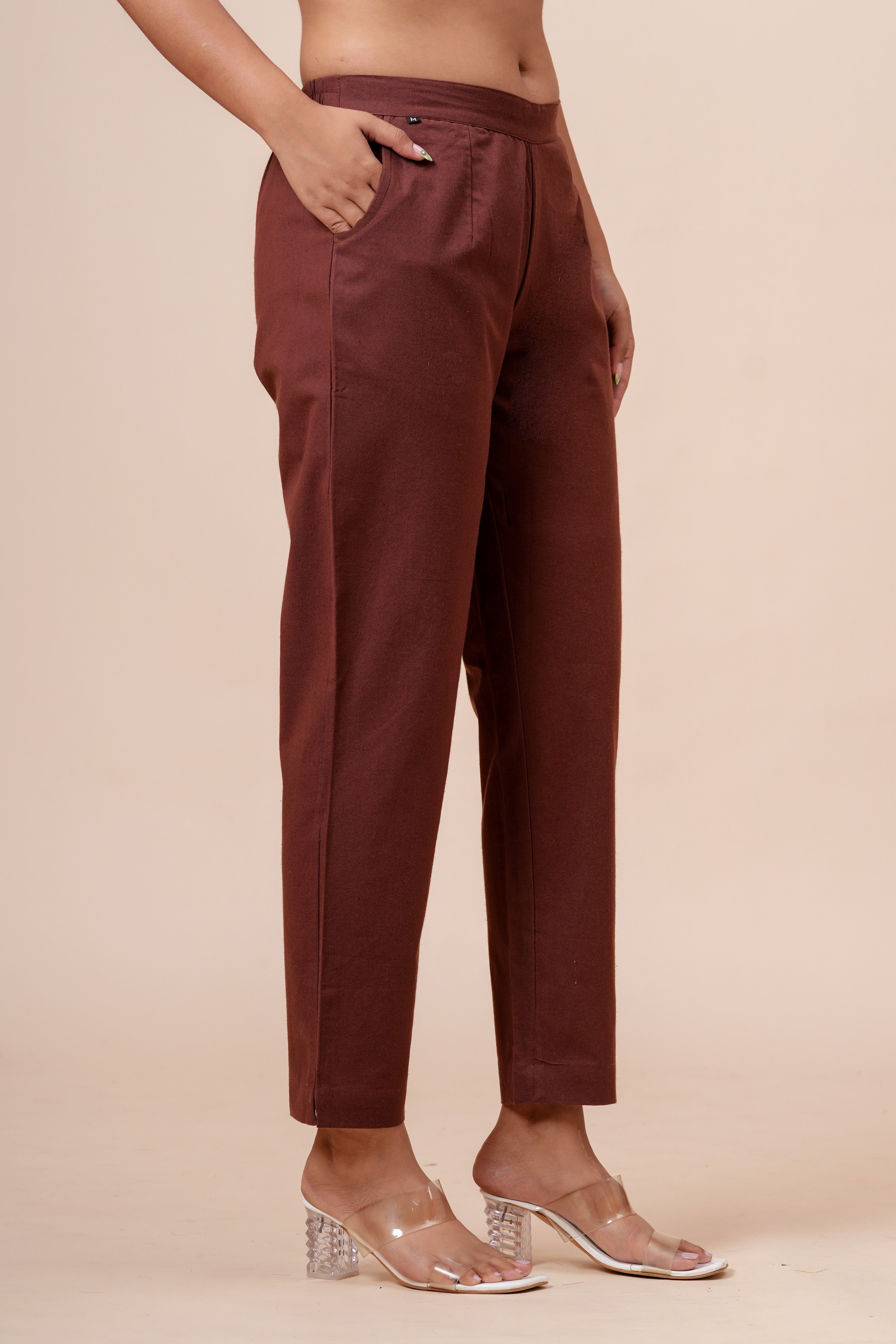 Women’s Chocolate Solid Cotton Trousers