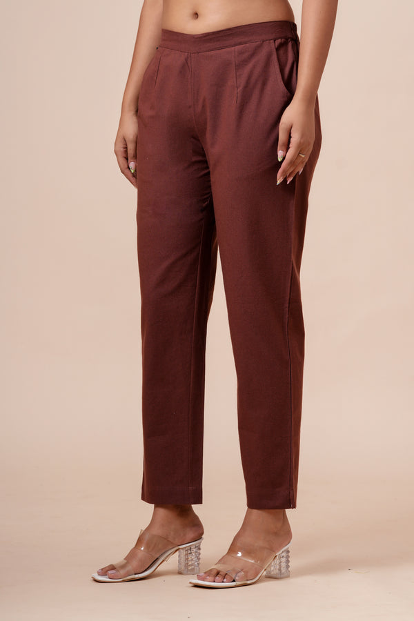 Women’s Chocolate Solid Cotton Trousers