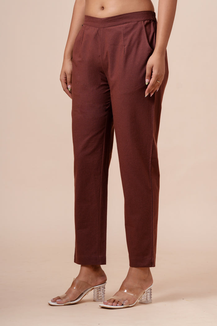 Women’s Chocolate Solid Cotton Trousers