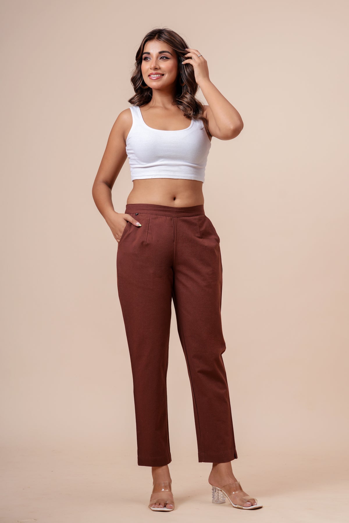 Women’s Chocolate Solid Cotton Trousers