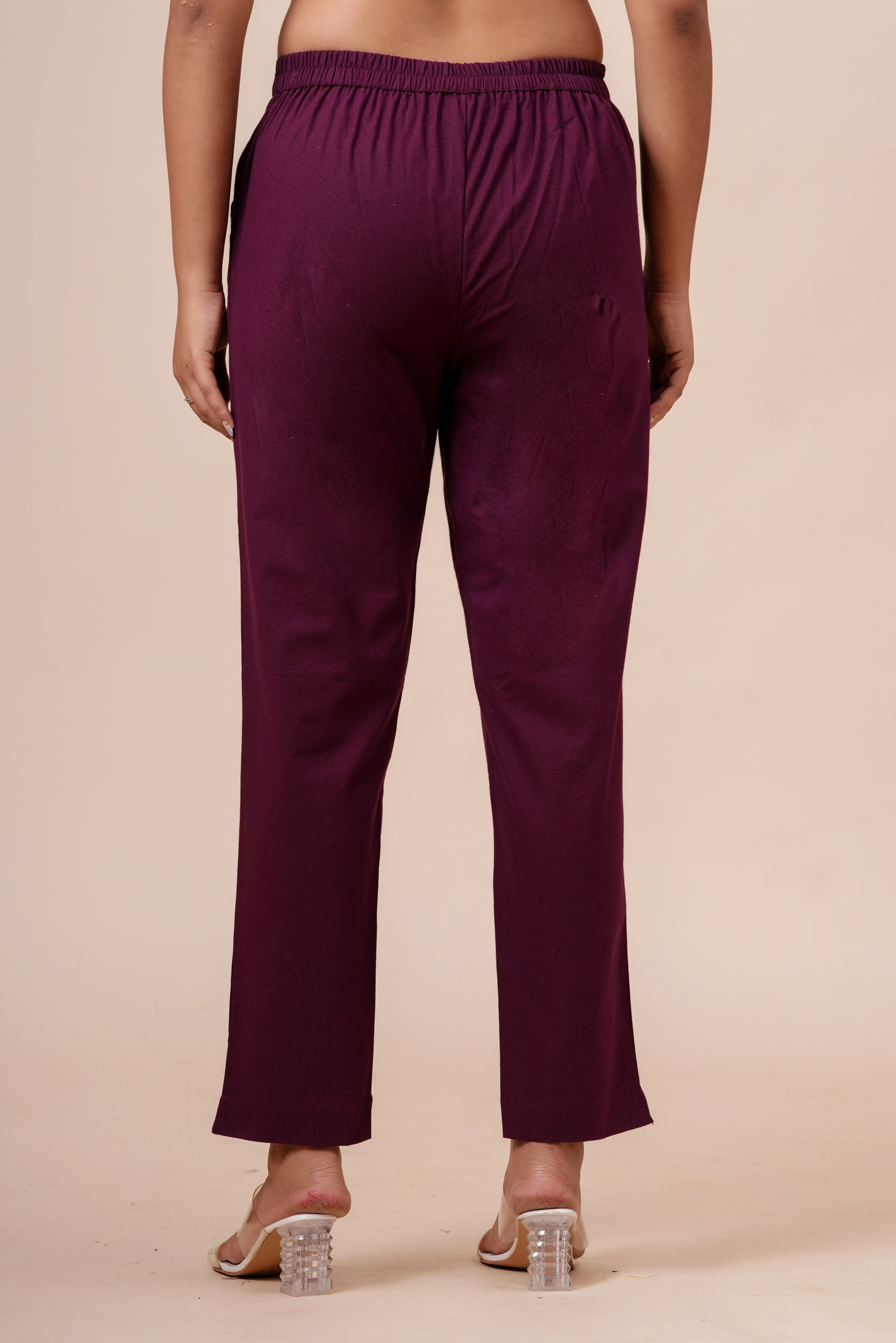 Women’s Wine Solid Cotton Trousers