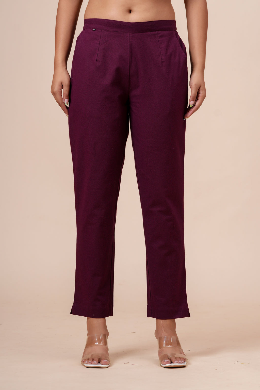Women’s Wine Solid Cotton Trousers