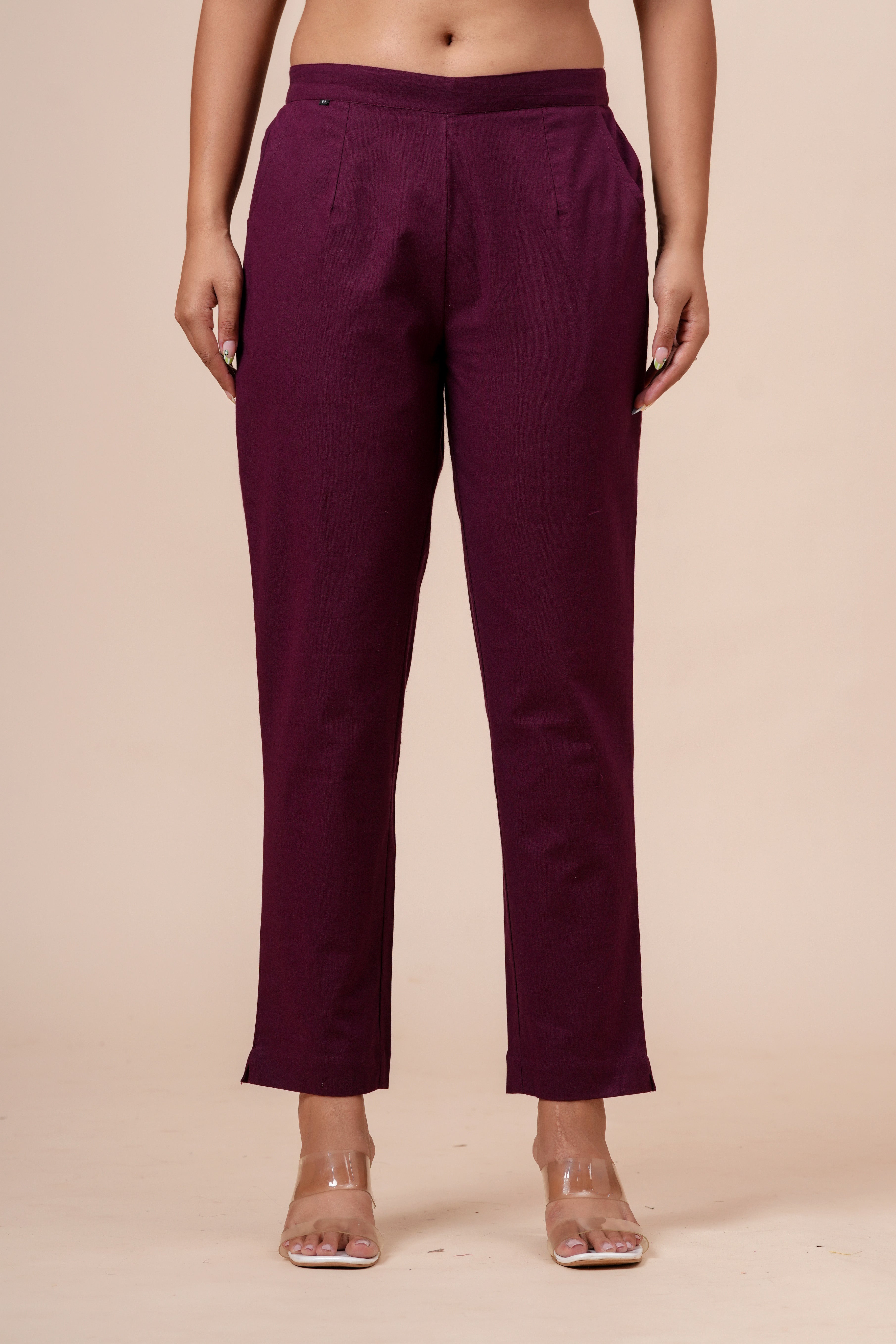 Women’s Wine Solid Cotton Trousers