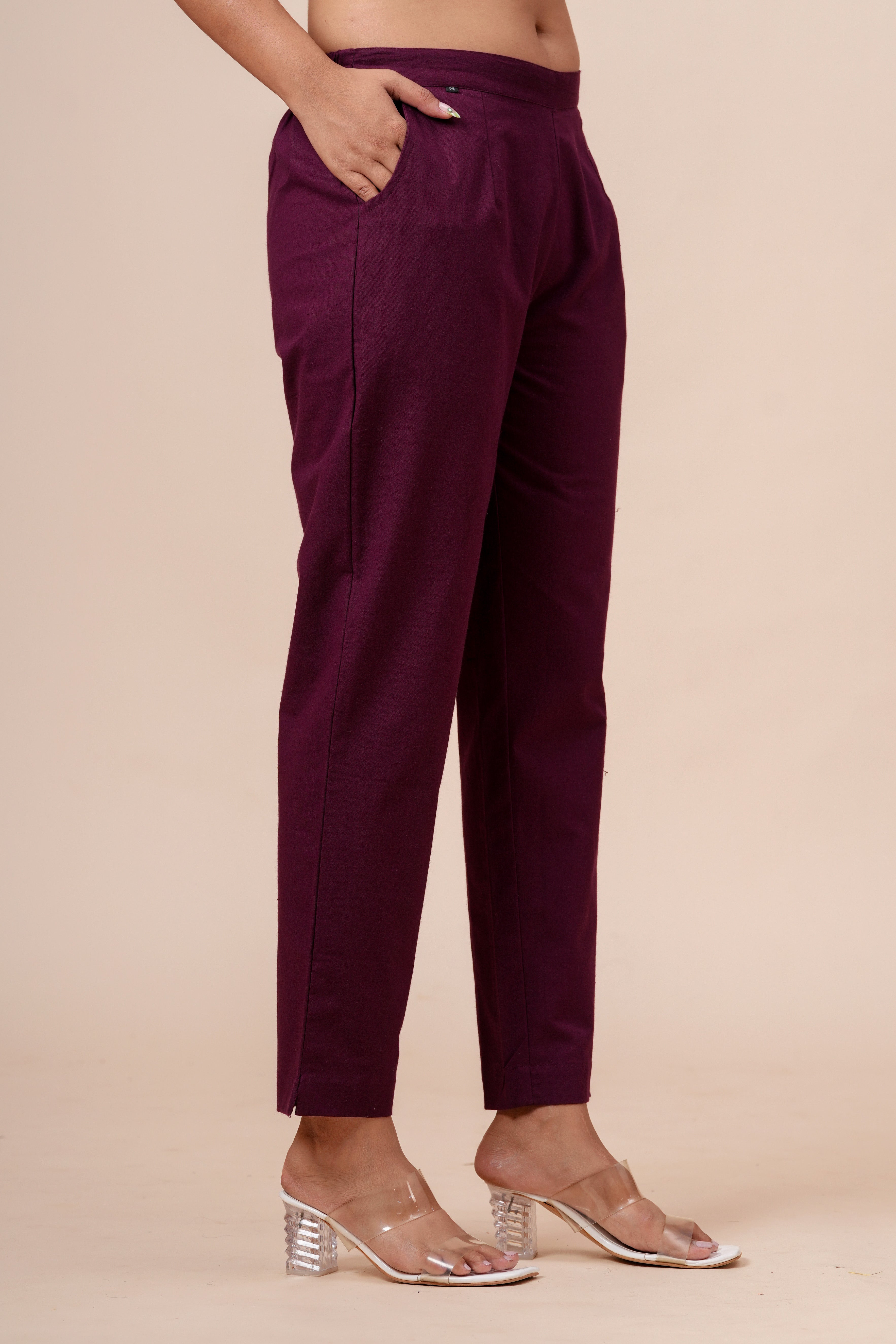 Women’s Wine Solid Cotton Trousers