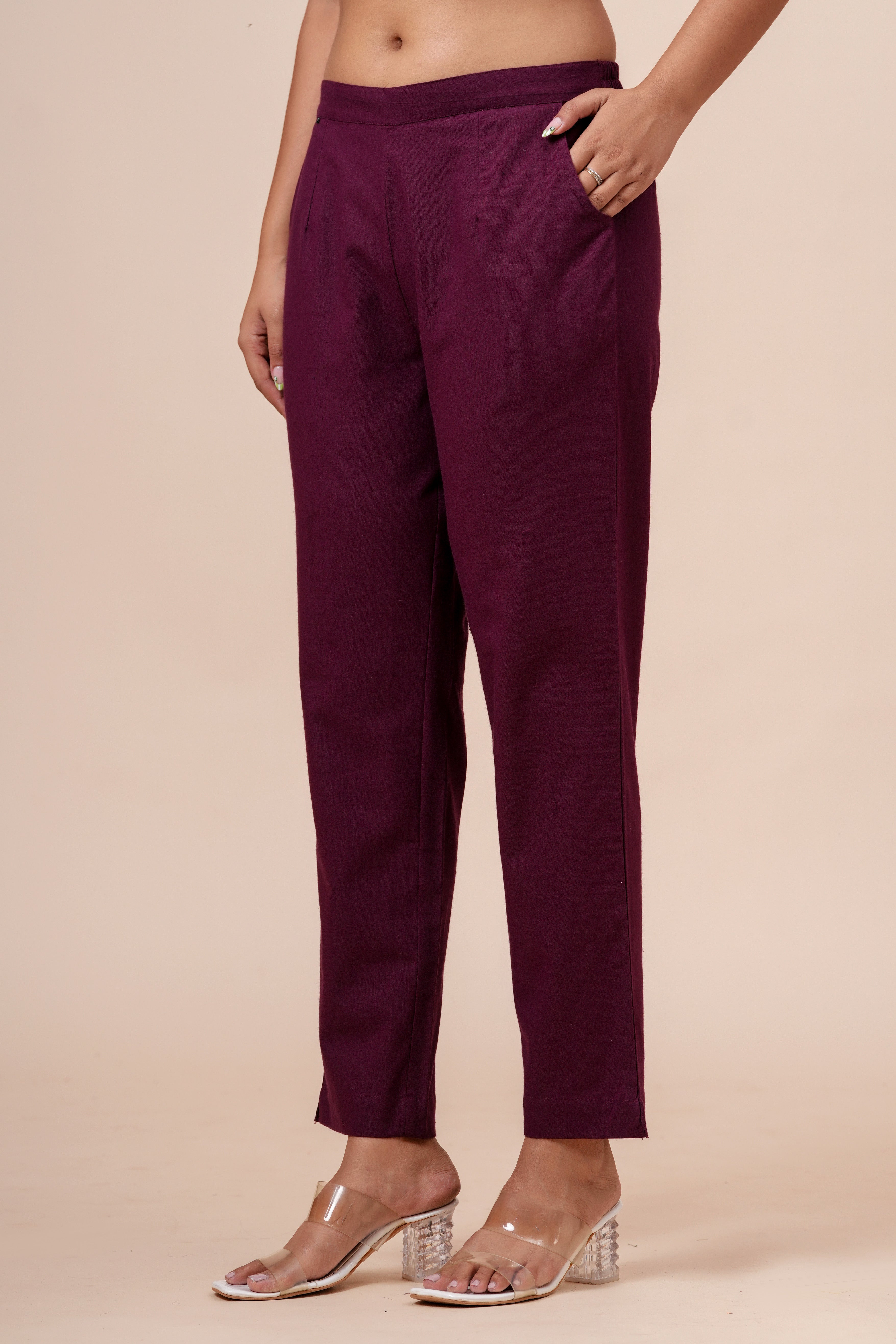 Women’s Wine Solid Cotton Trousers