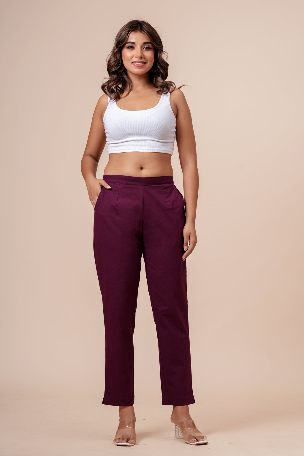 Women’s Wine Solid Cotton Trousers