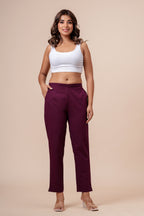 Women’s Wine Solid Cotton Trousers