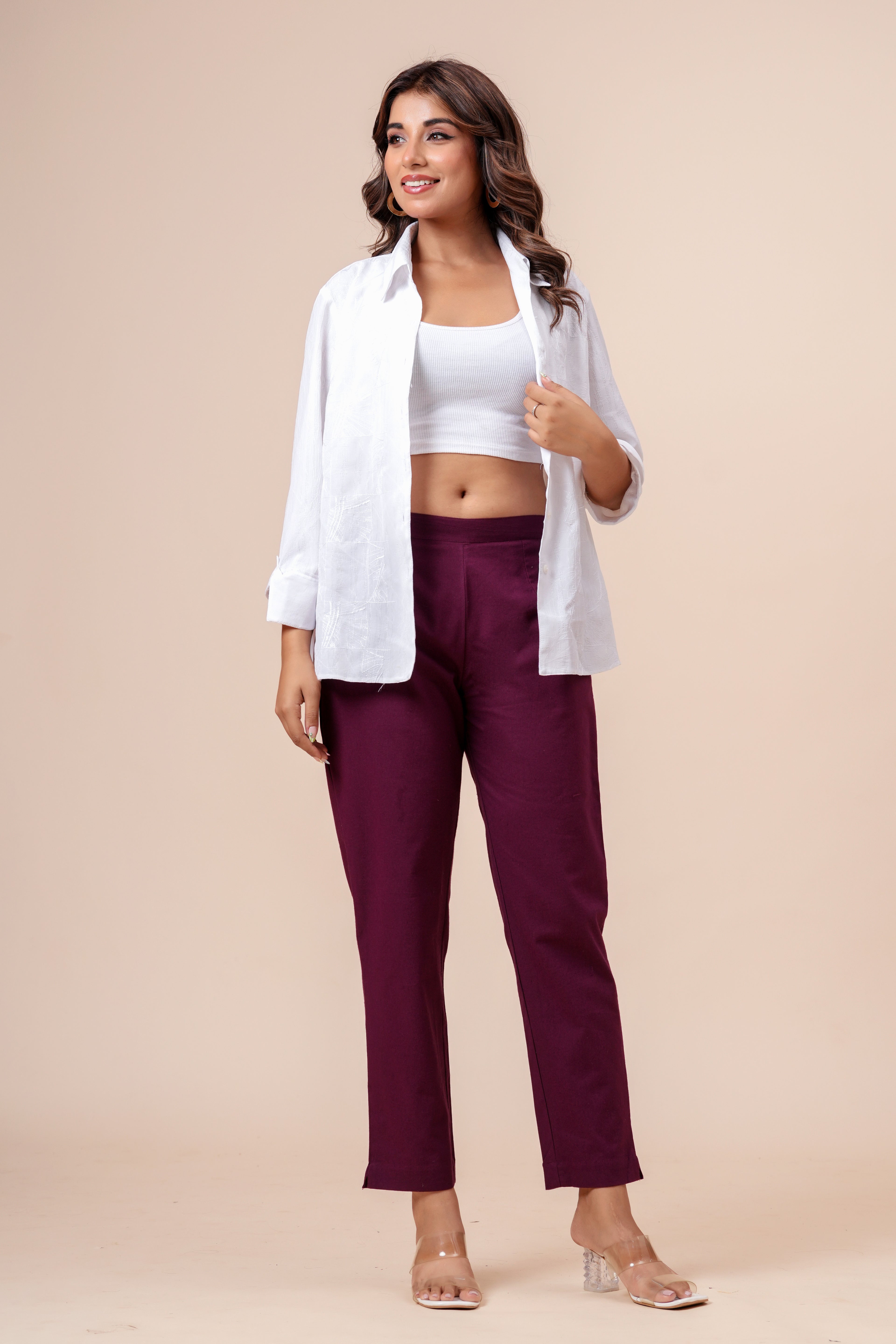 Women’s Wine Solid Cotton Trousers
