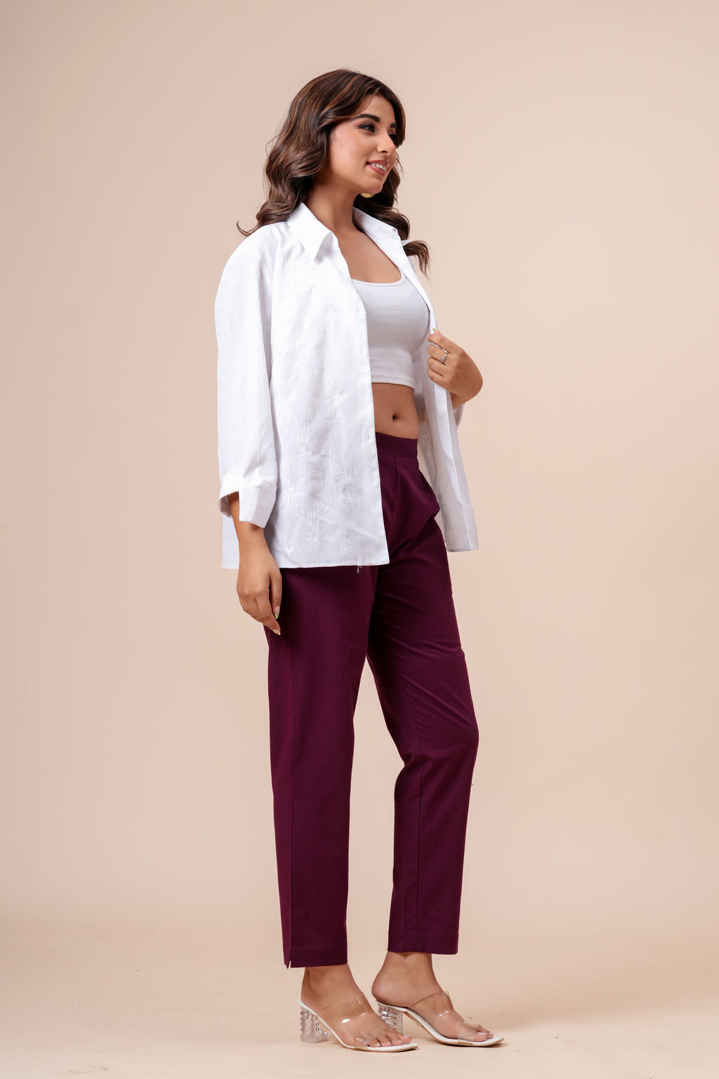 Women’s Wine Solid Cotton Trousers