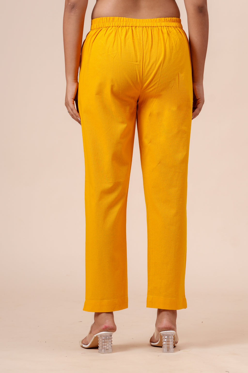 Women’s Mustard Solid Cotton Trousers