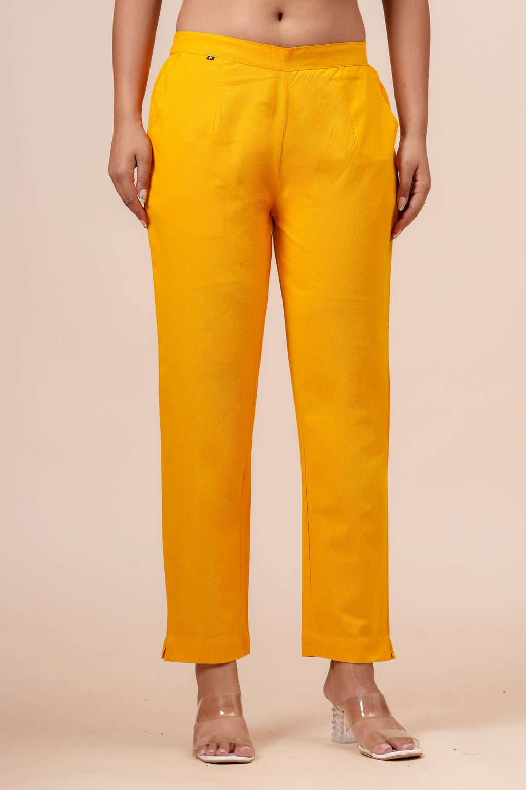 Women’s Mustard Solid Cotton Trousers