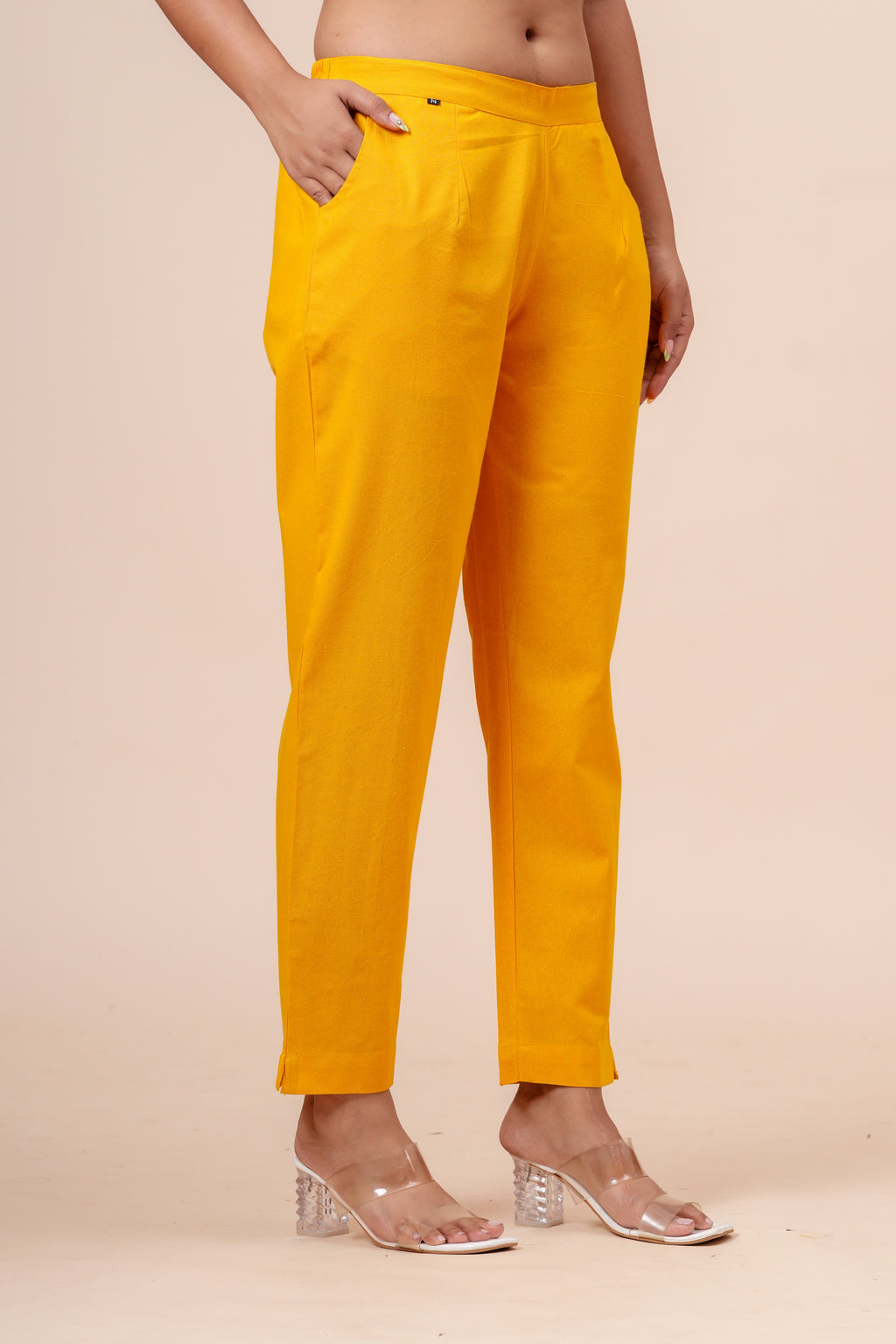 Women’s Mustard Solid Cotton Trousers