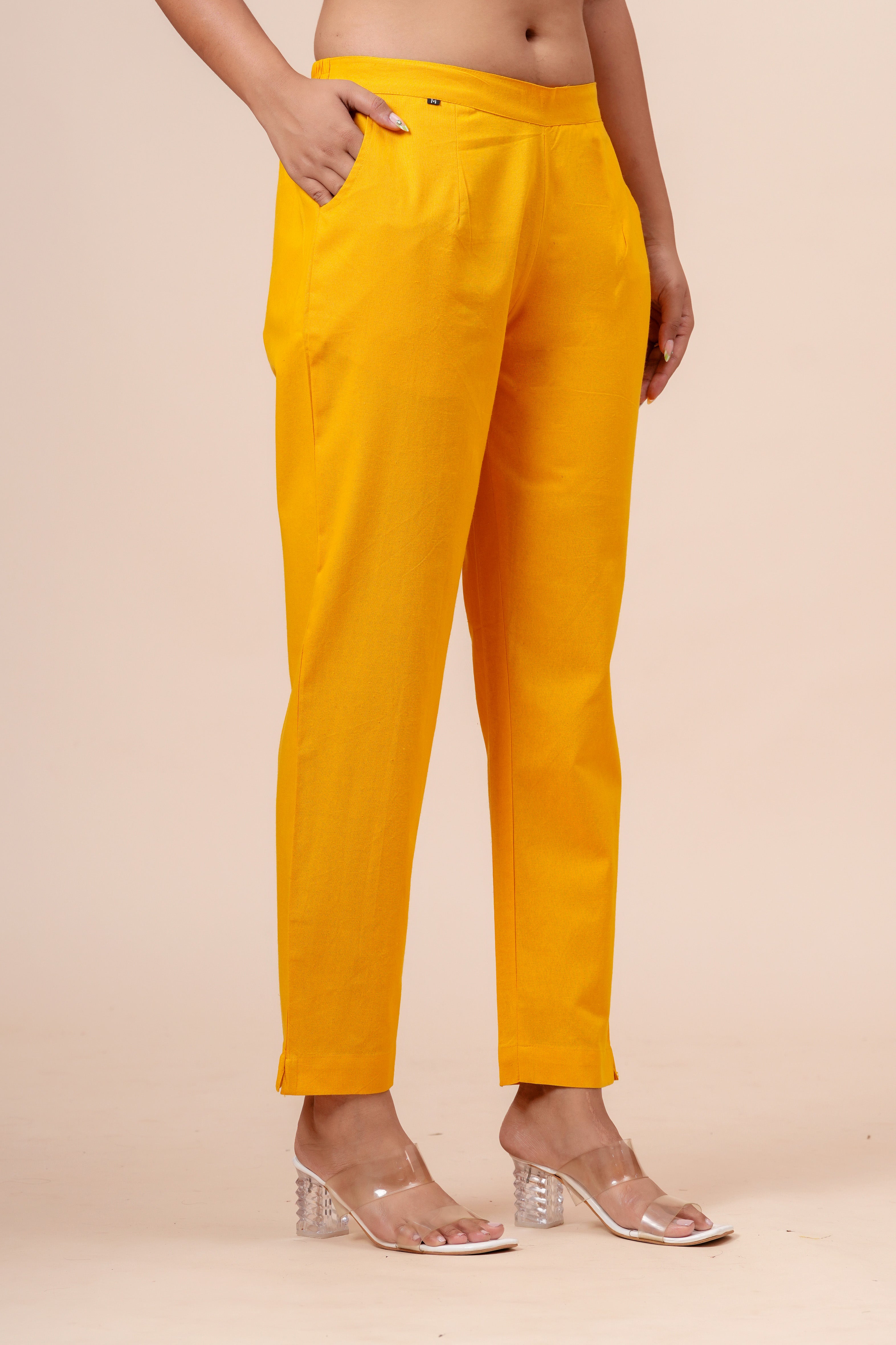 Women’s Mustard Solid Cotton Trousers
