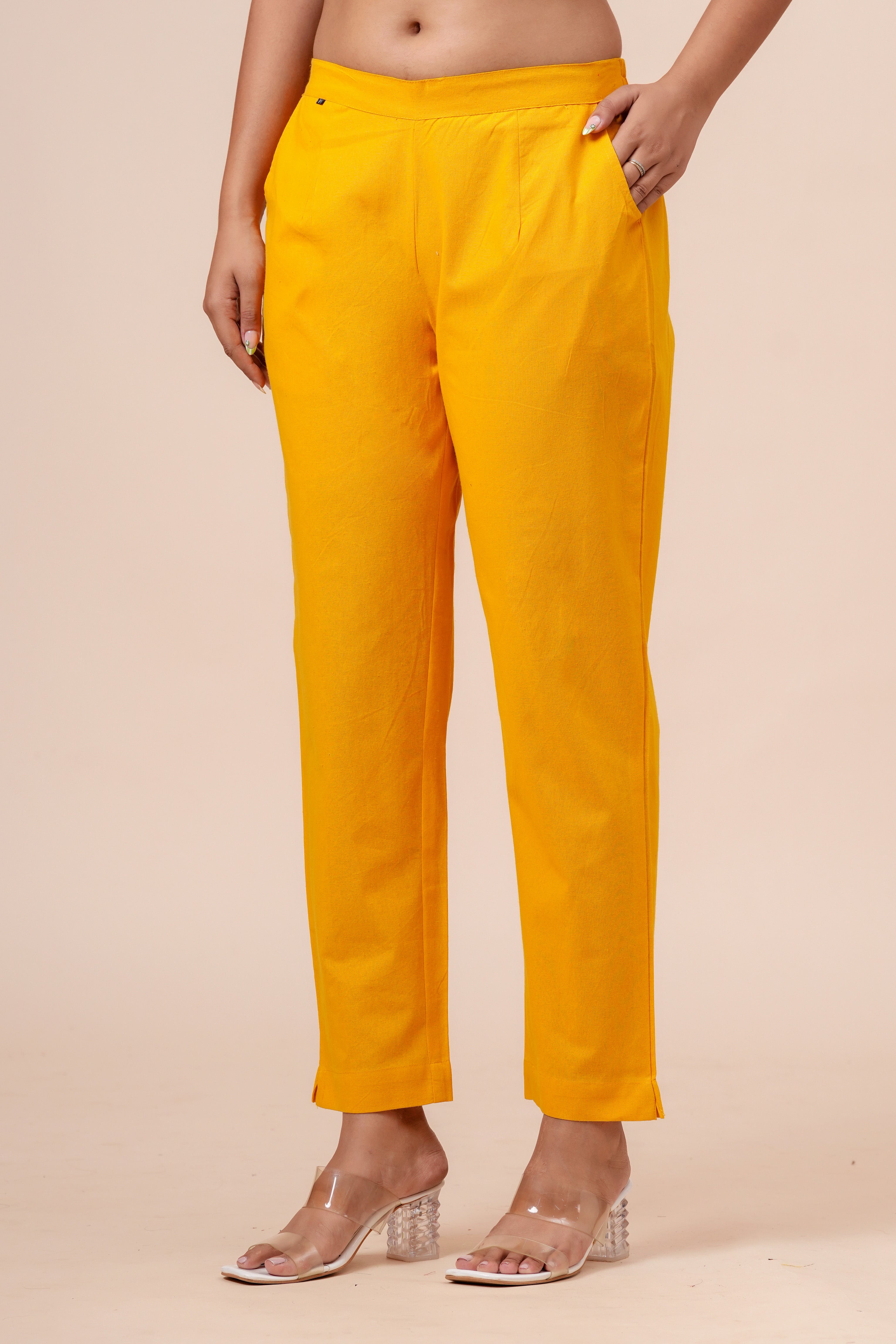 Women’s Mustard Solid Cotton Trousers
