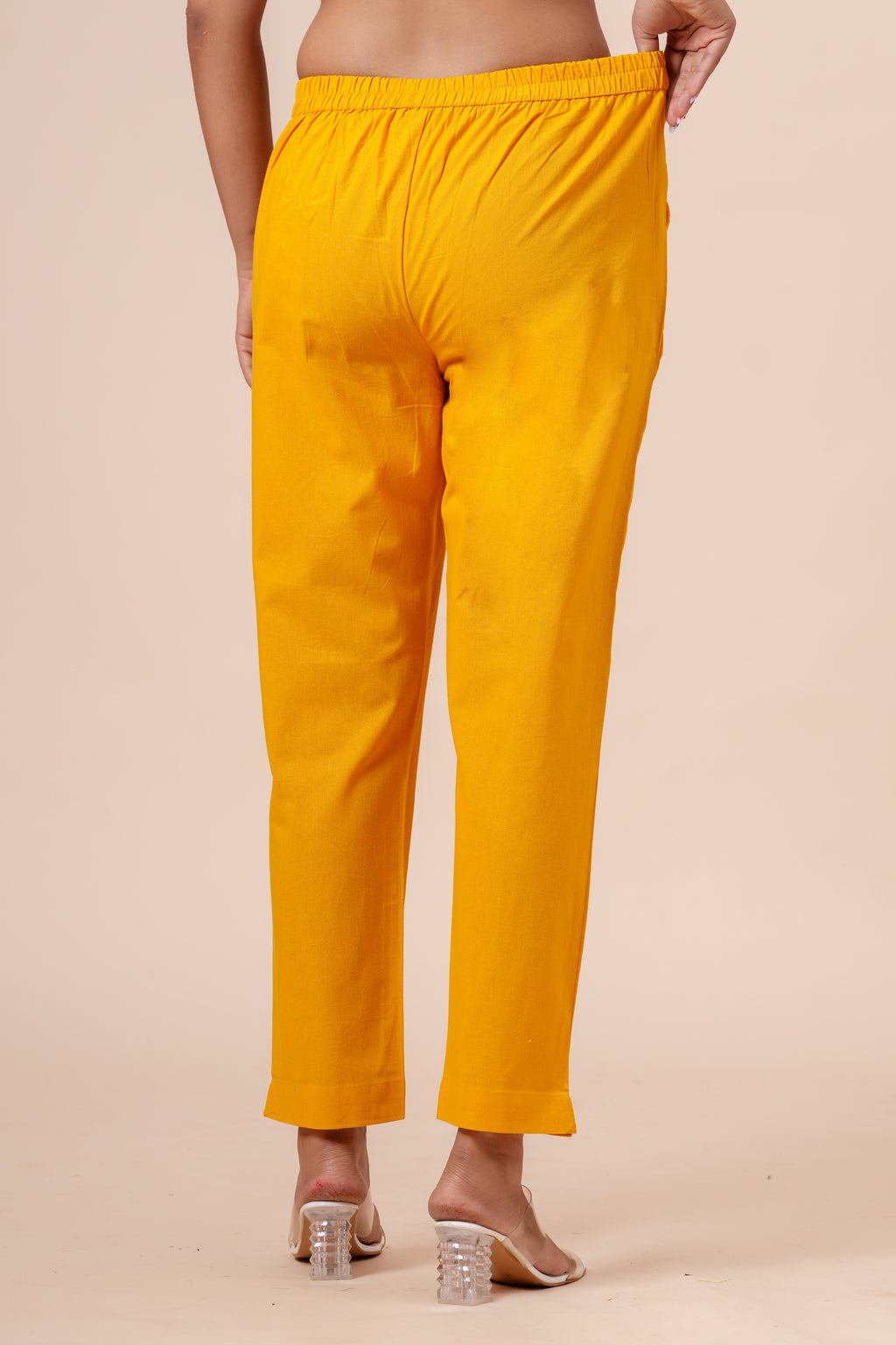 Women’s Mustard Solid Cotton Trousers