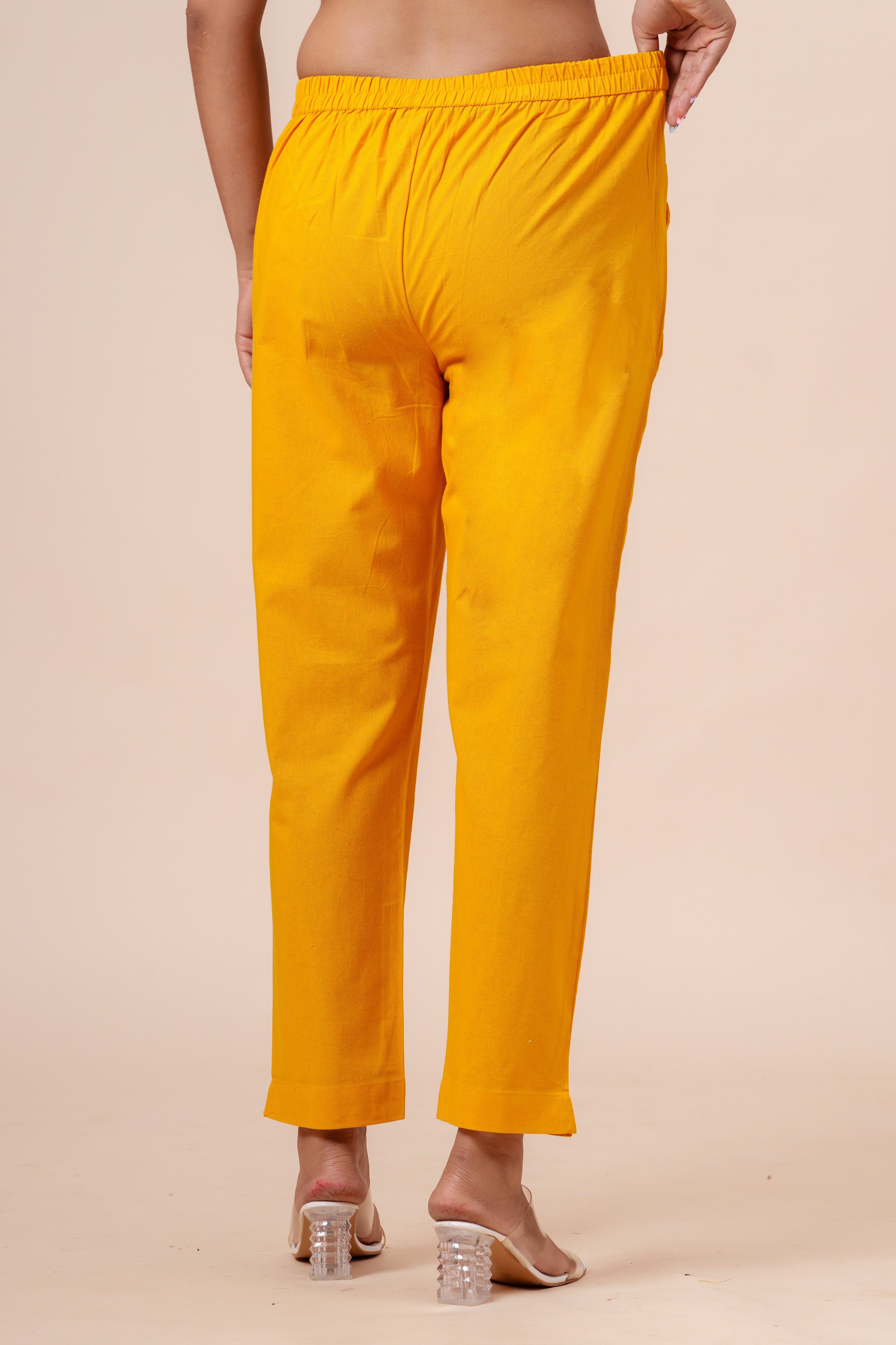 Women’s Mustard Solid Cotton Trousers