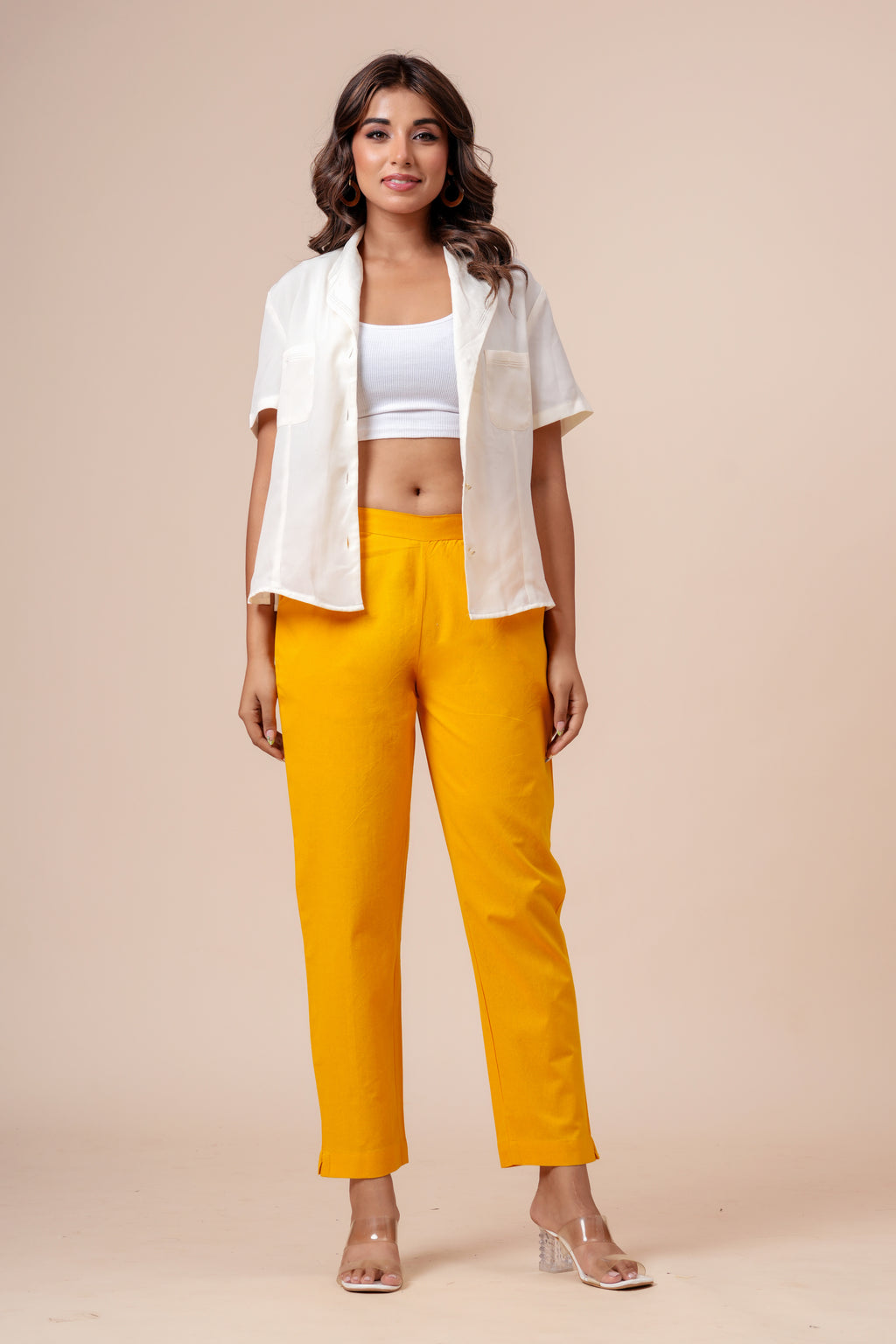 Women’s Mustard Solid Cotton Trousers