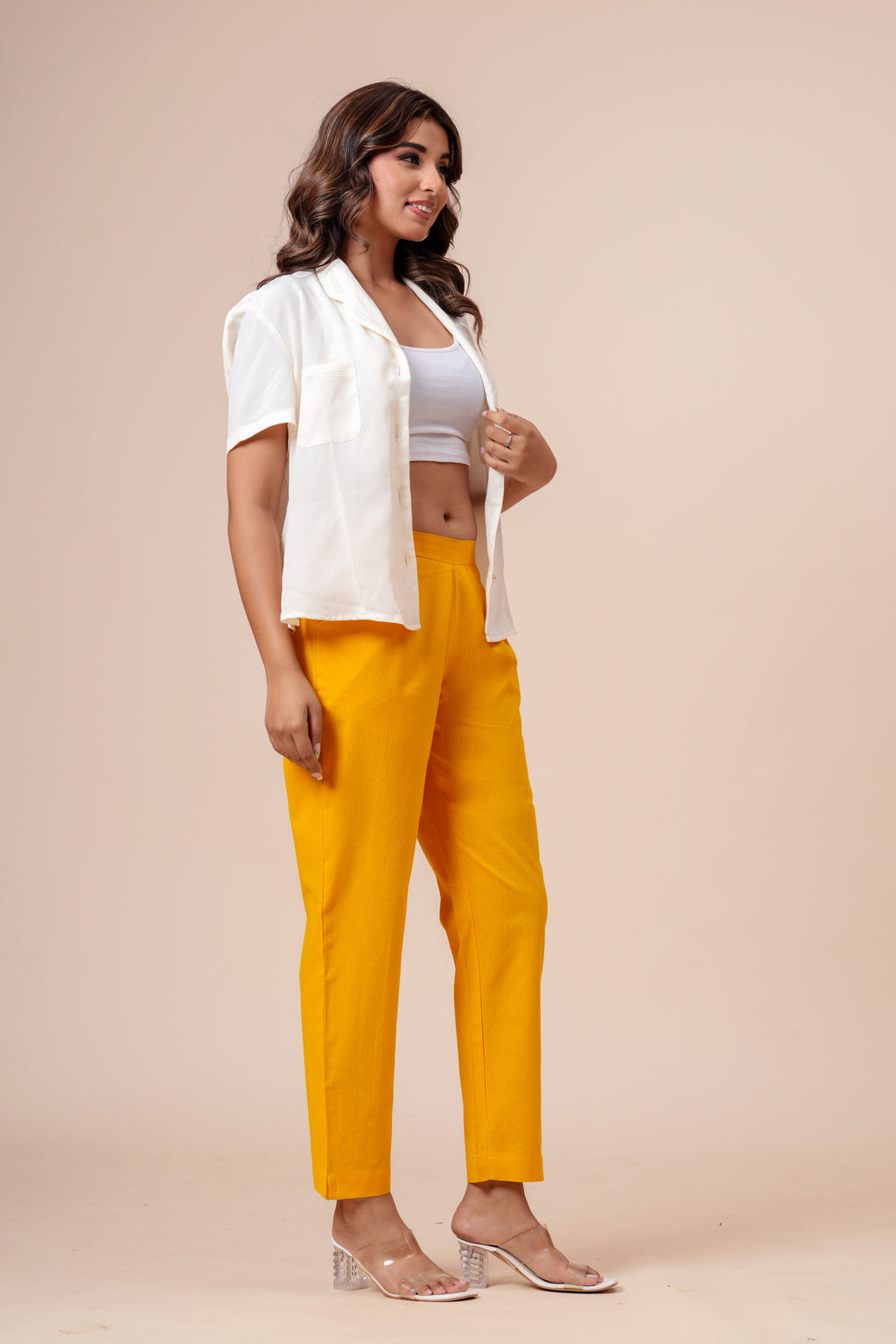 Women’s Mustard Solid Cotton Trousers