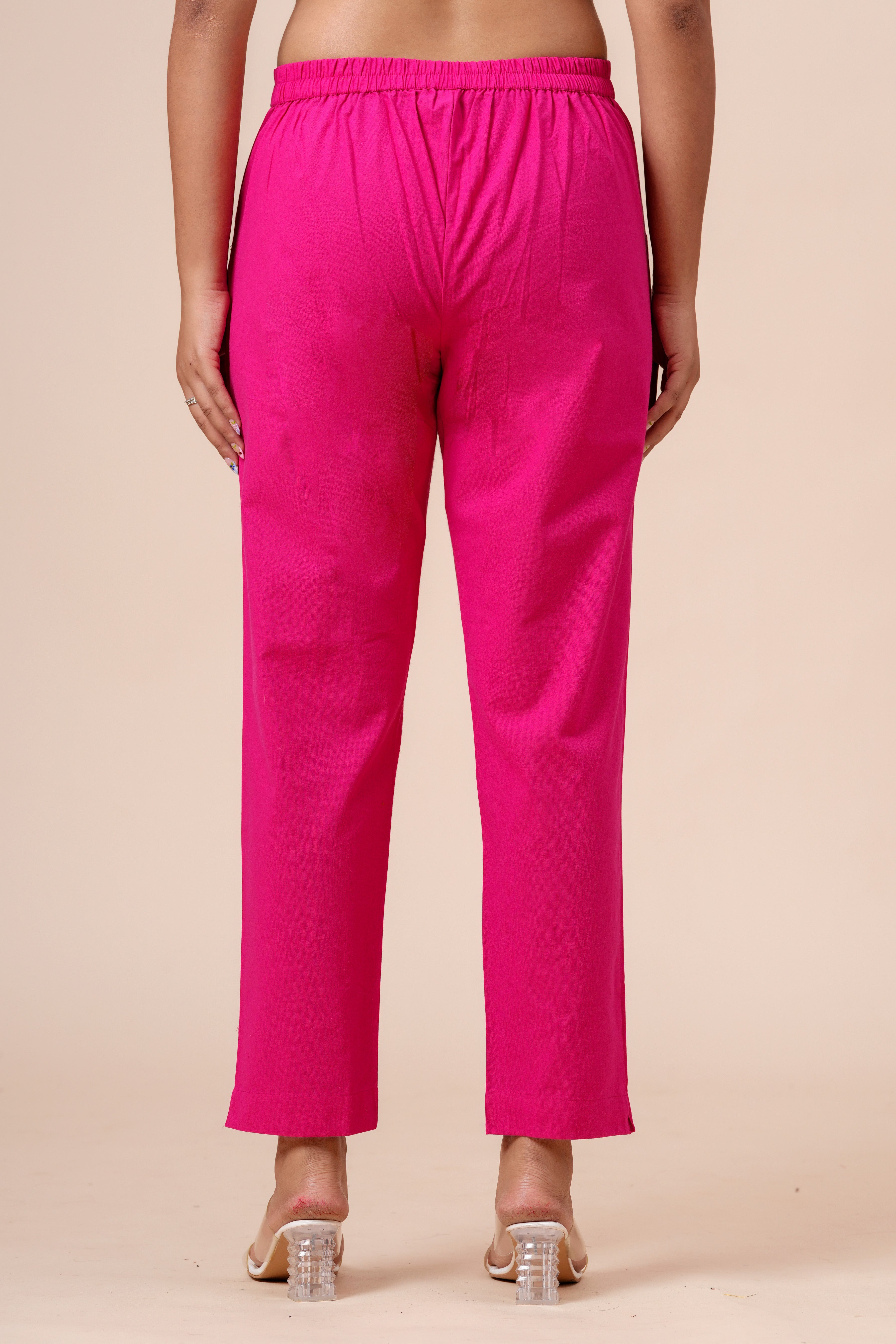 Women’s Pink Solid Cotton Trousers