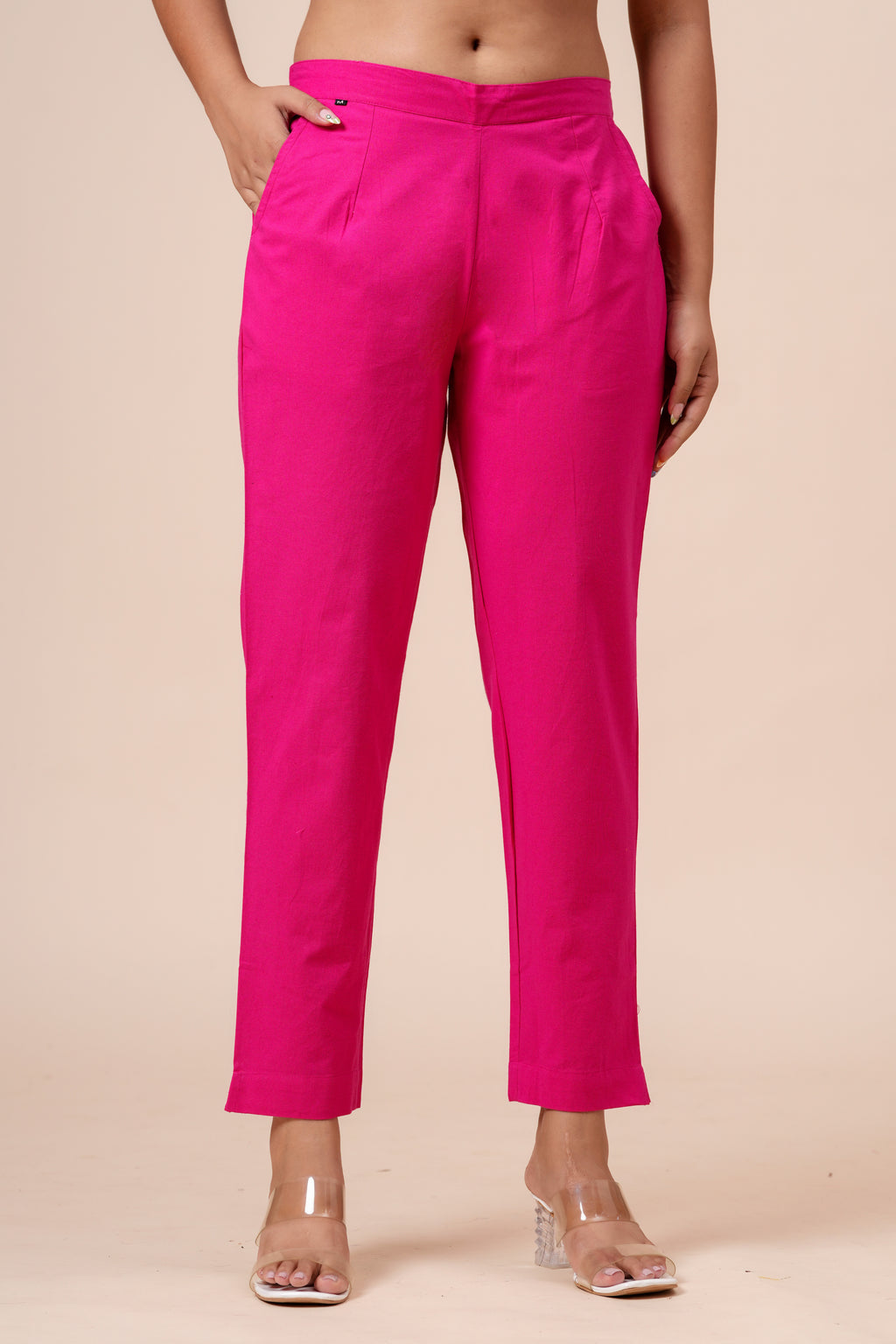 Women’s Pink Solid Cotton Trousers