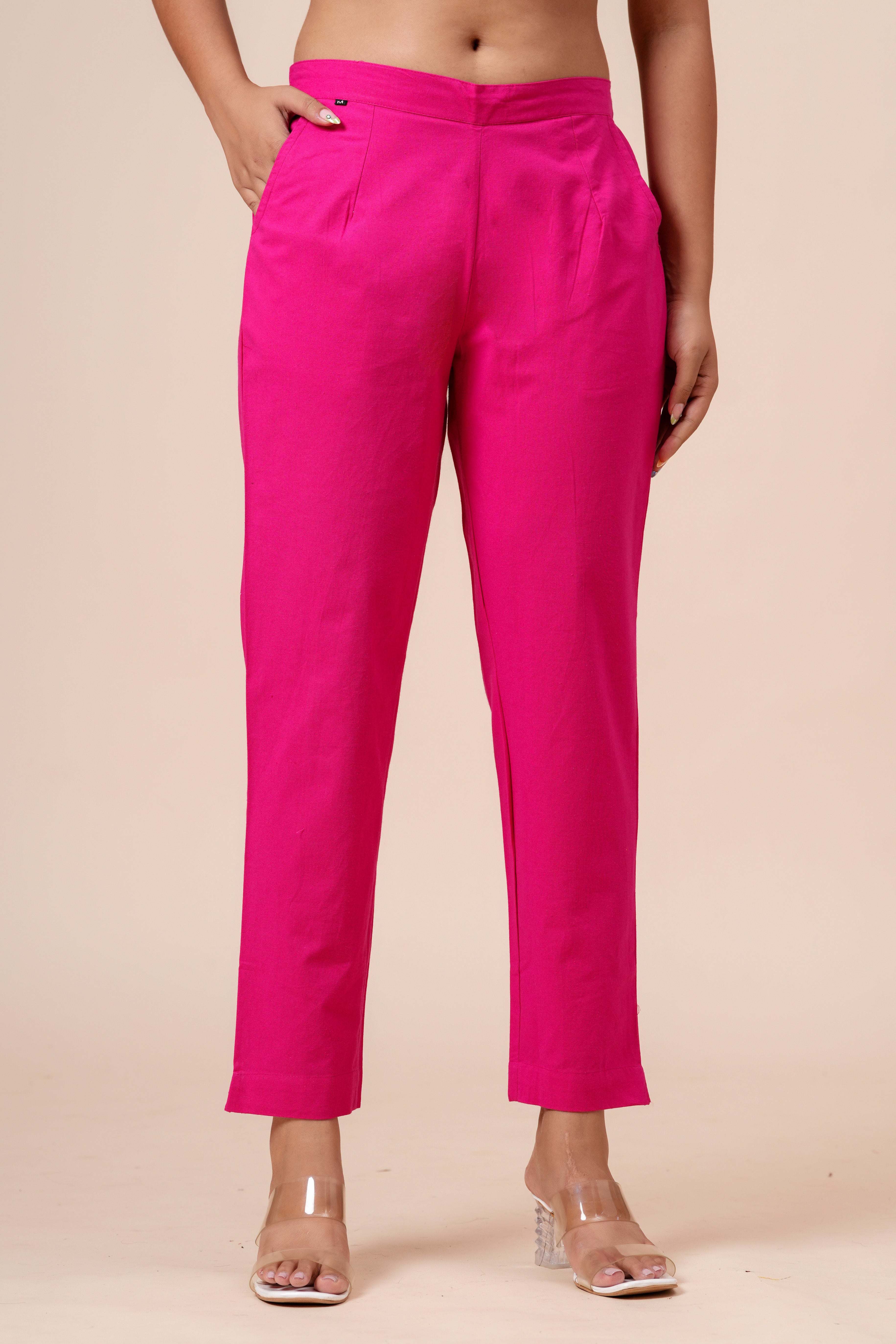 Women’s Pink Solid Cotton Trousers