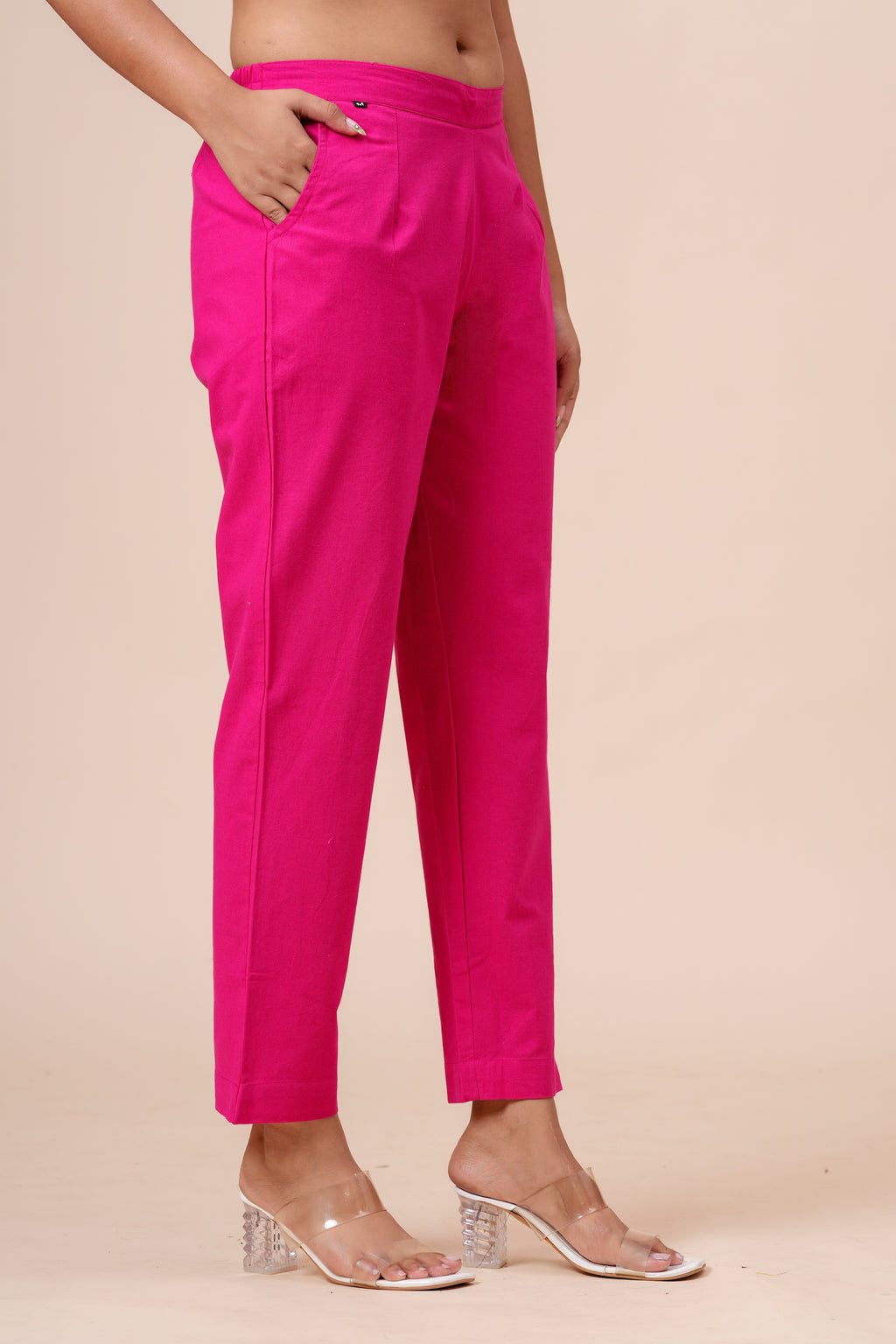 Women’s Pink Solid Cotton Trousers
