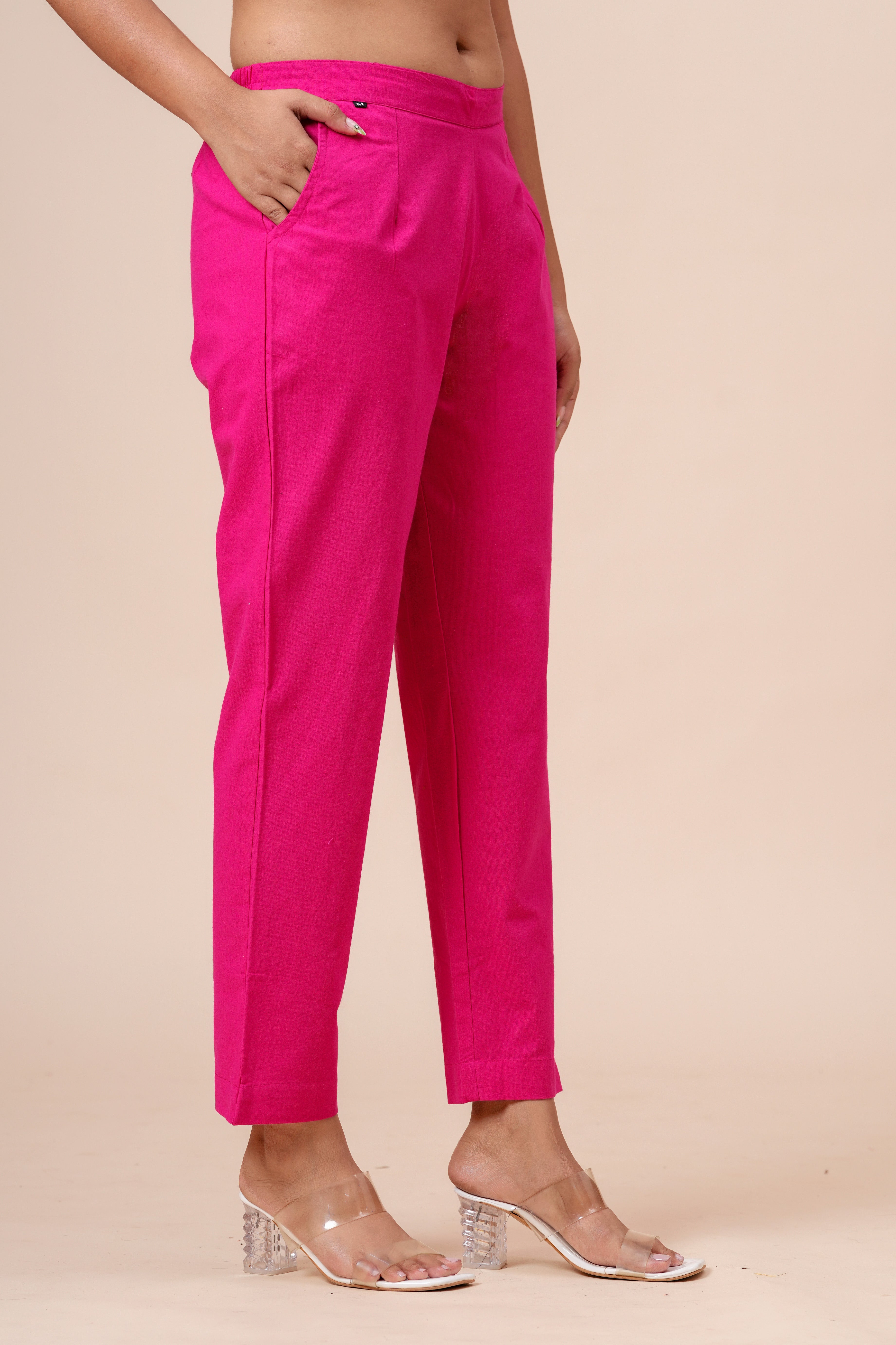 Women’s Pink Solid Cotton Trousers