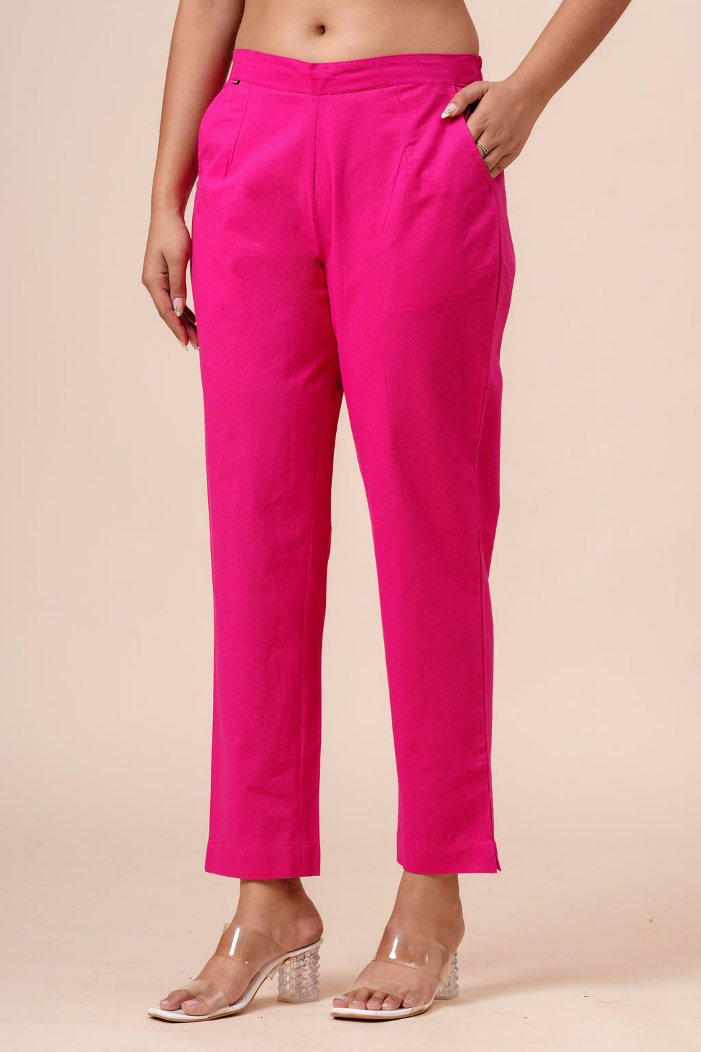 Women’s Pink Solid Cotton Trousers