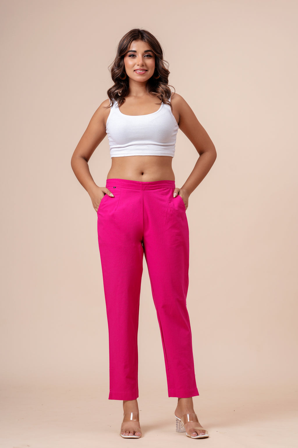 Women’s Pink Solid Cotton Trousers