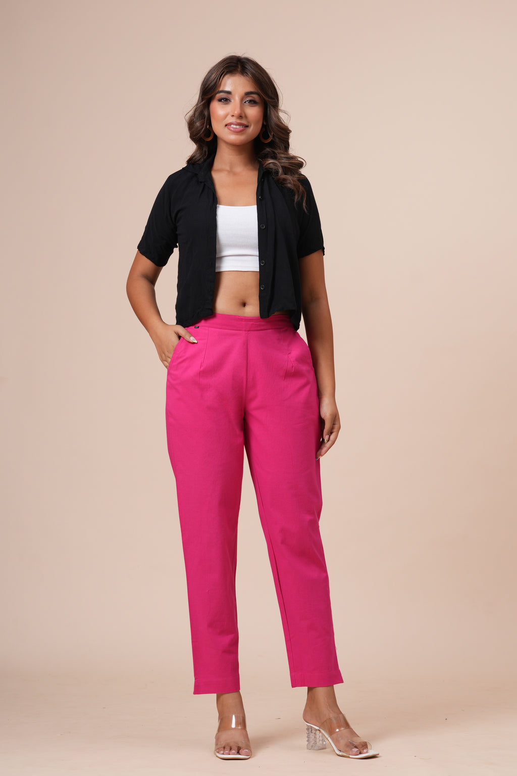 Women’s Pink Solid Cotton Trousers