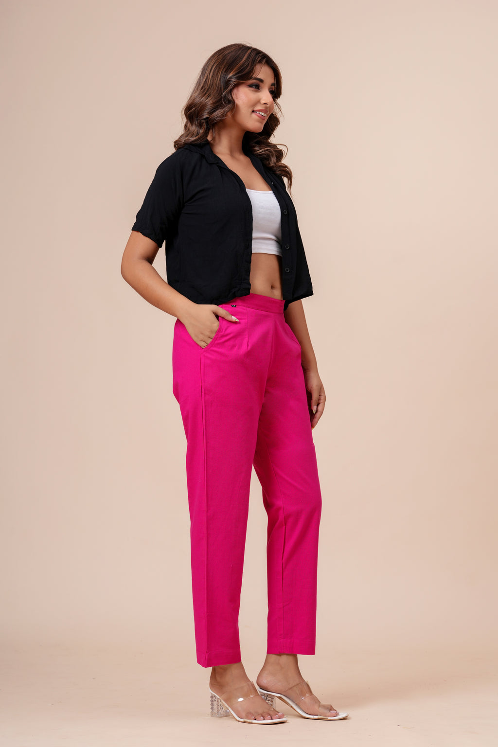 Women’s Pink Solid Cotton Trousers