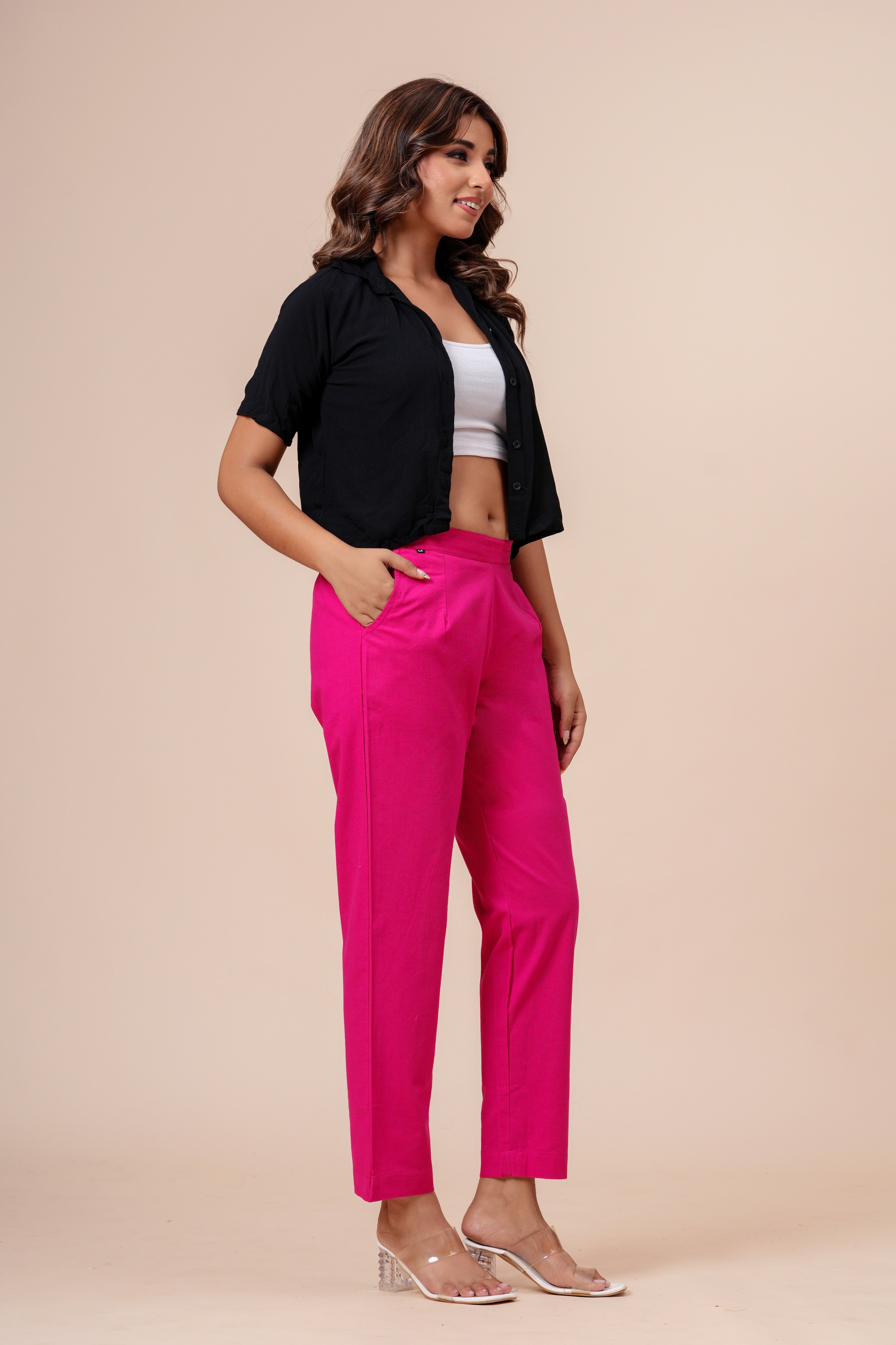 Women’s Pink Solid Cotton Trousers
