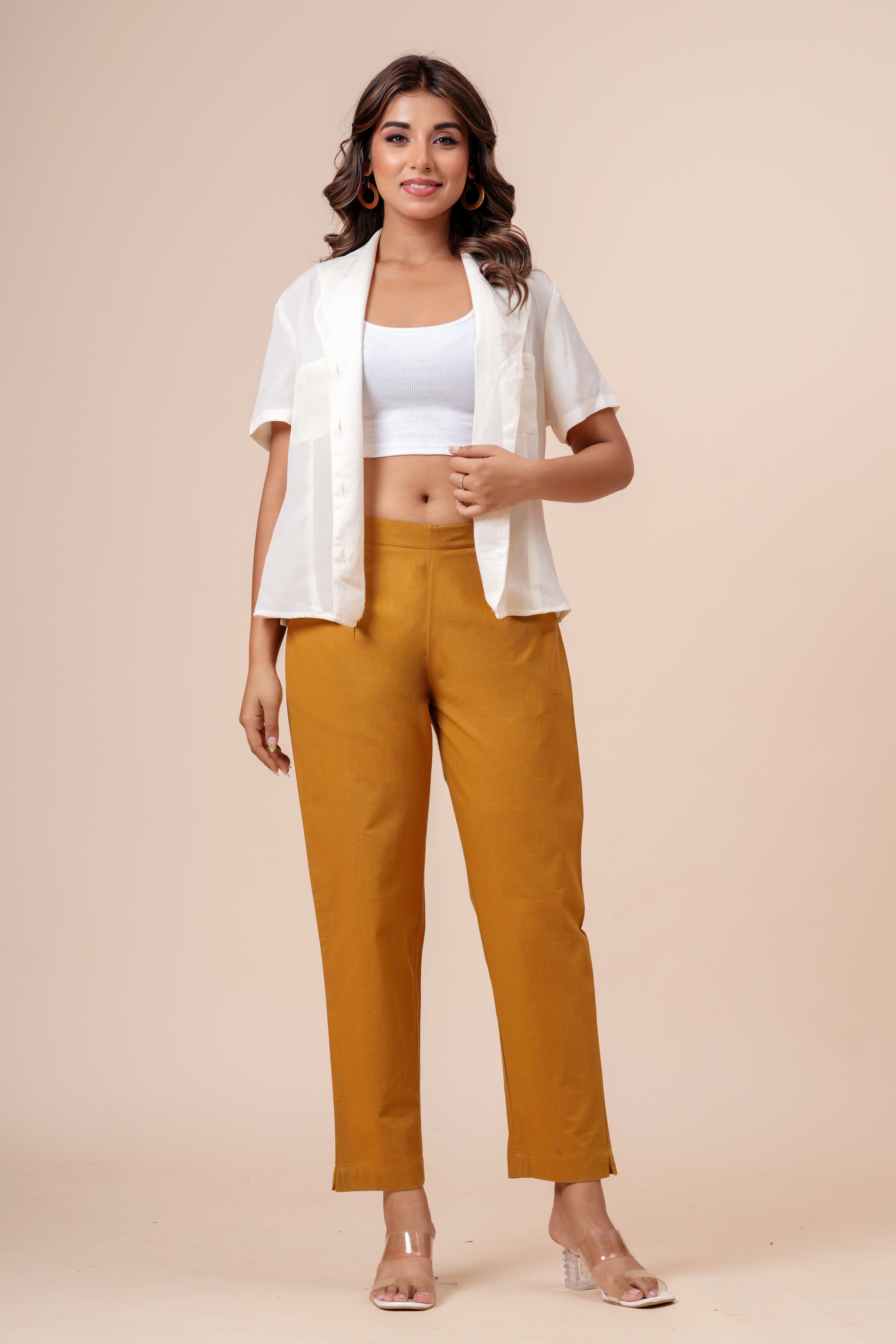 Women’s Chikoo Solid Cotton Trousers