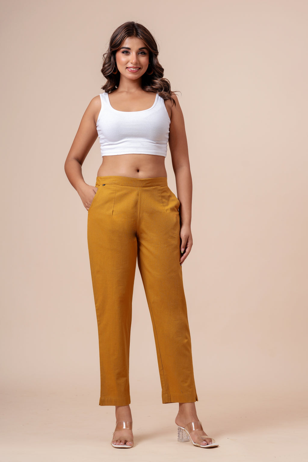 Women’s Chikoo Solid Cotton Trousers
