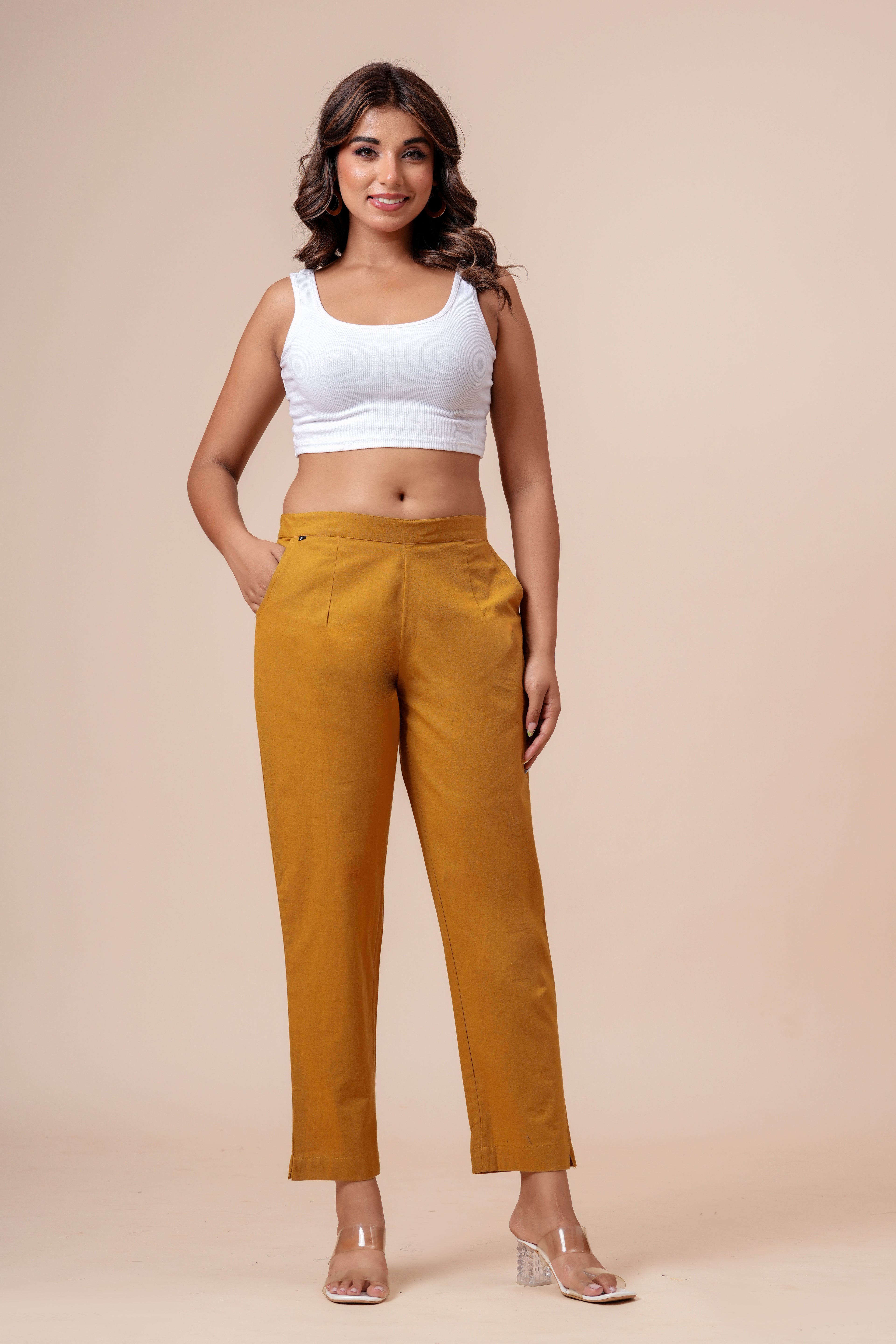Women’s Chikoo Solid Cotton Trousers