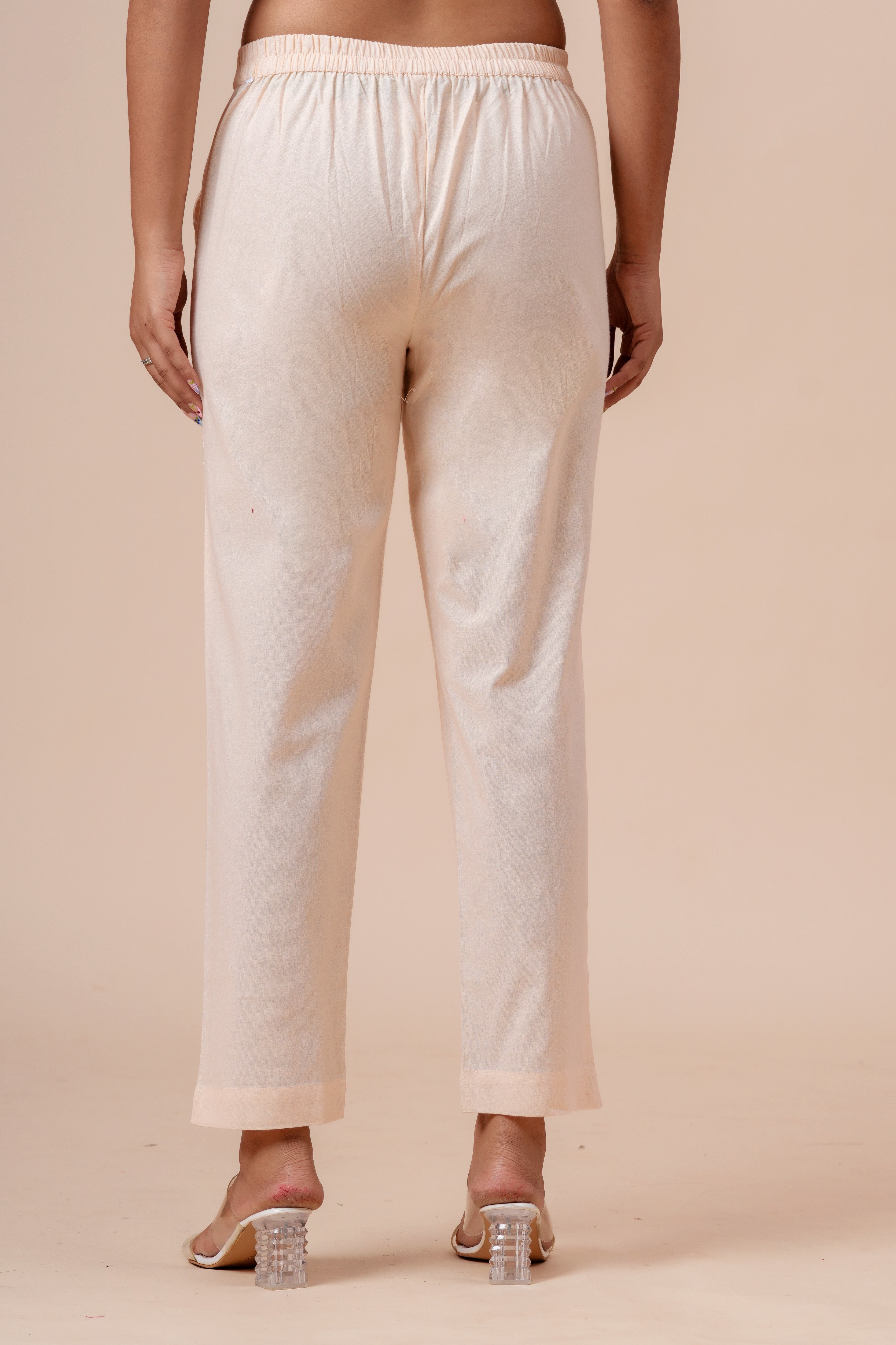 Women’s Off White Solid Cotton Trousers