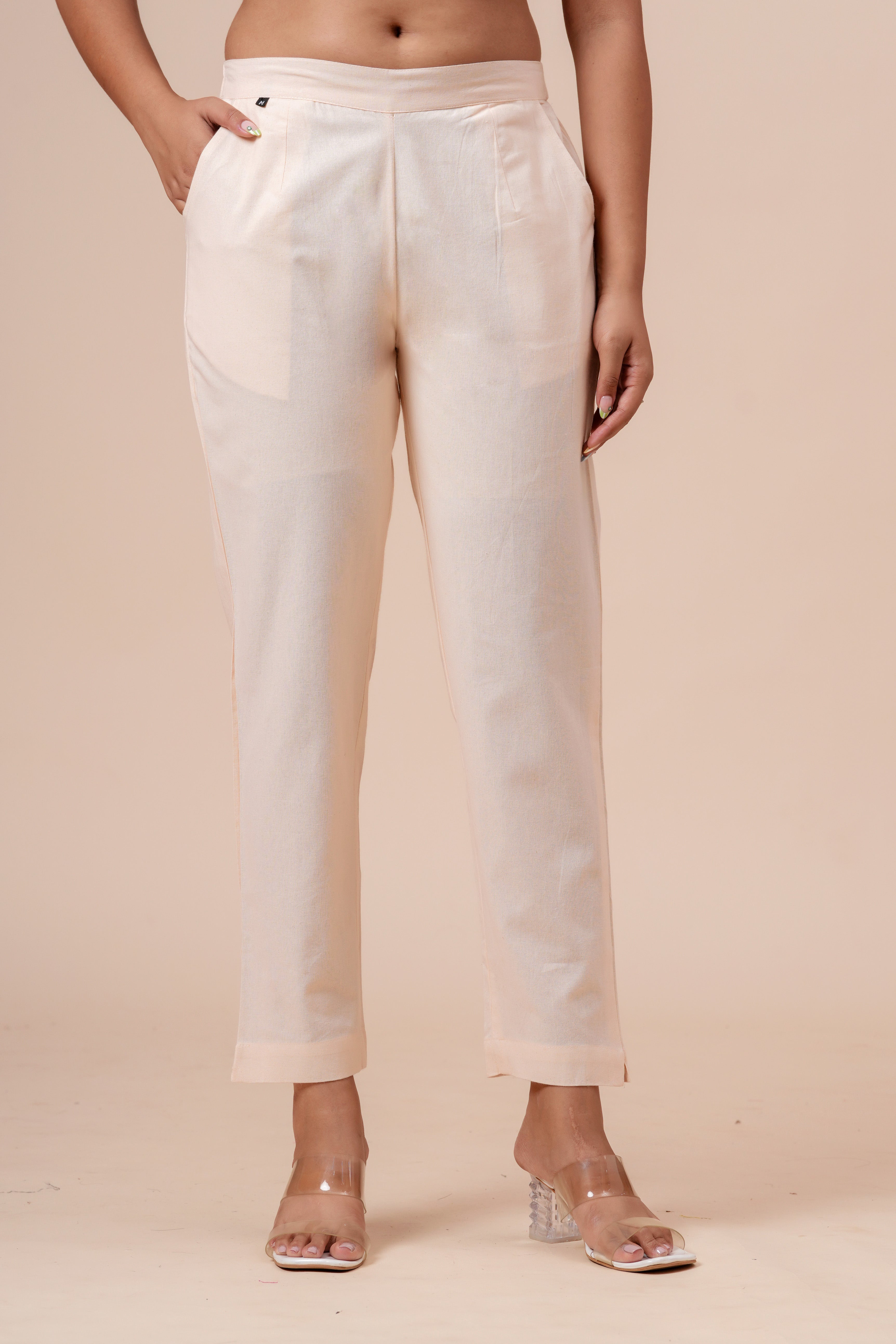 Women’s Off White Solid Cotton Trousers