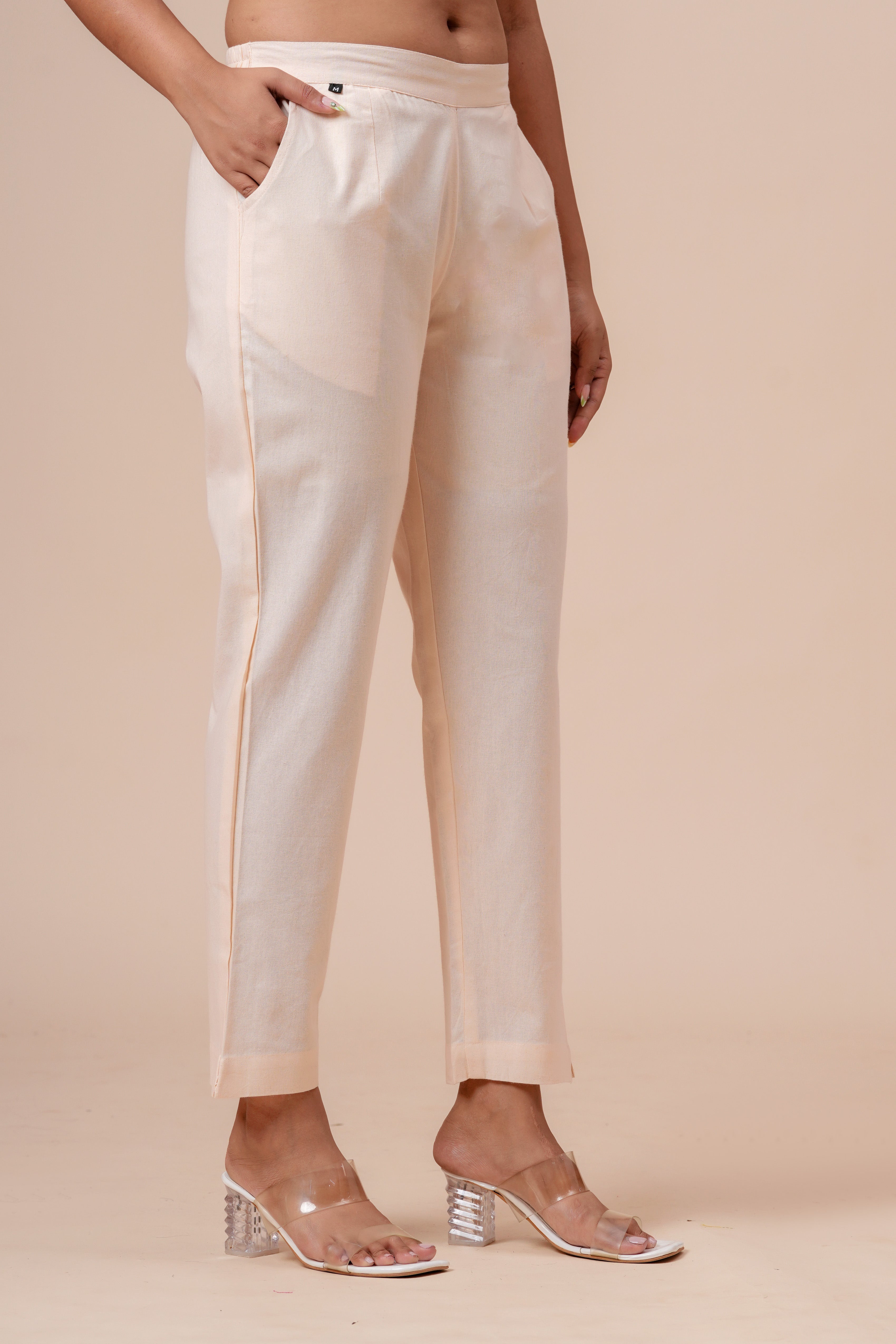 Women’s Off White Solid Cotton Trousers