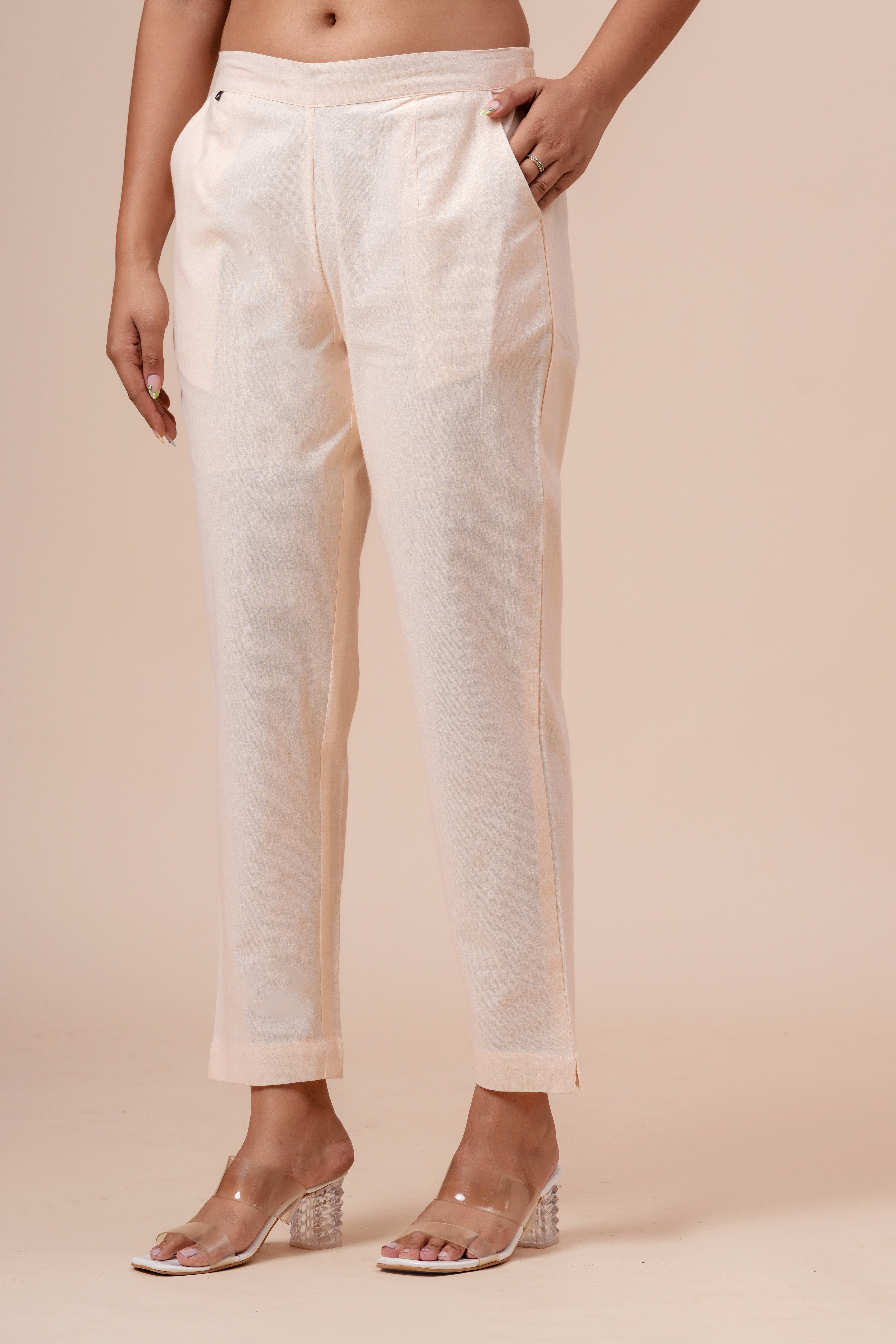 Women’s Off White Solid Cotton Trousers