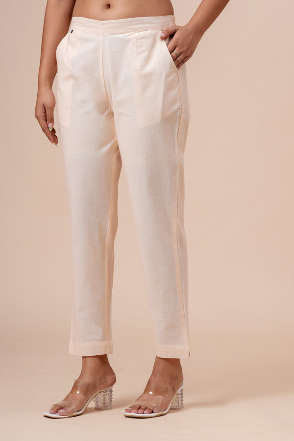 Women’s Off White Solid Cotton Trousers