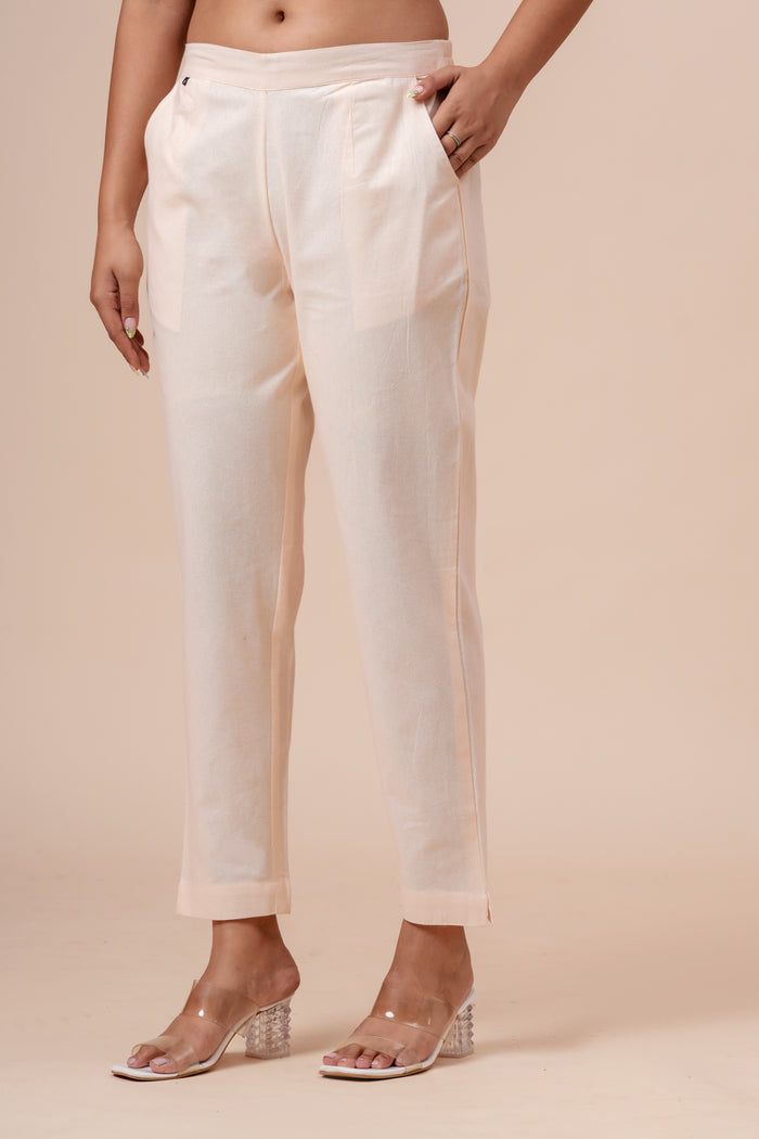 Women’s Off White Solid Cotton Trousers