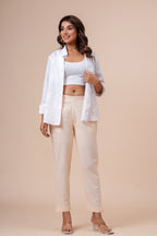 Women’s Off White Solid Cotton Trousers