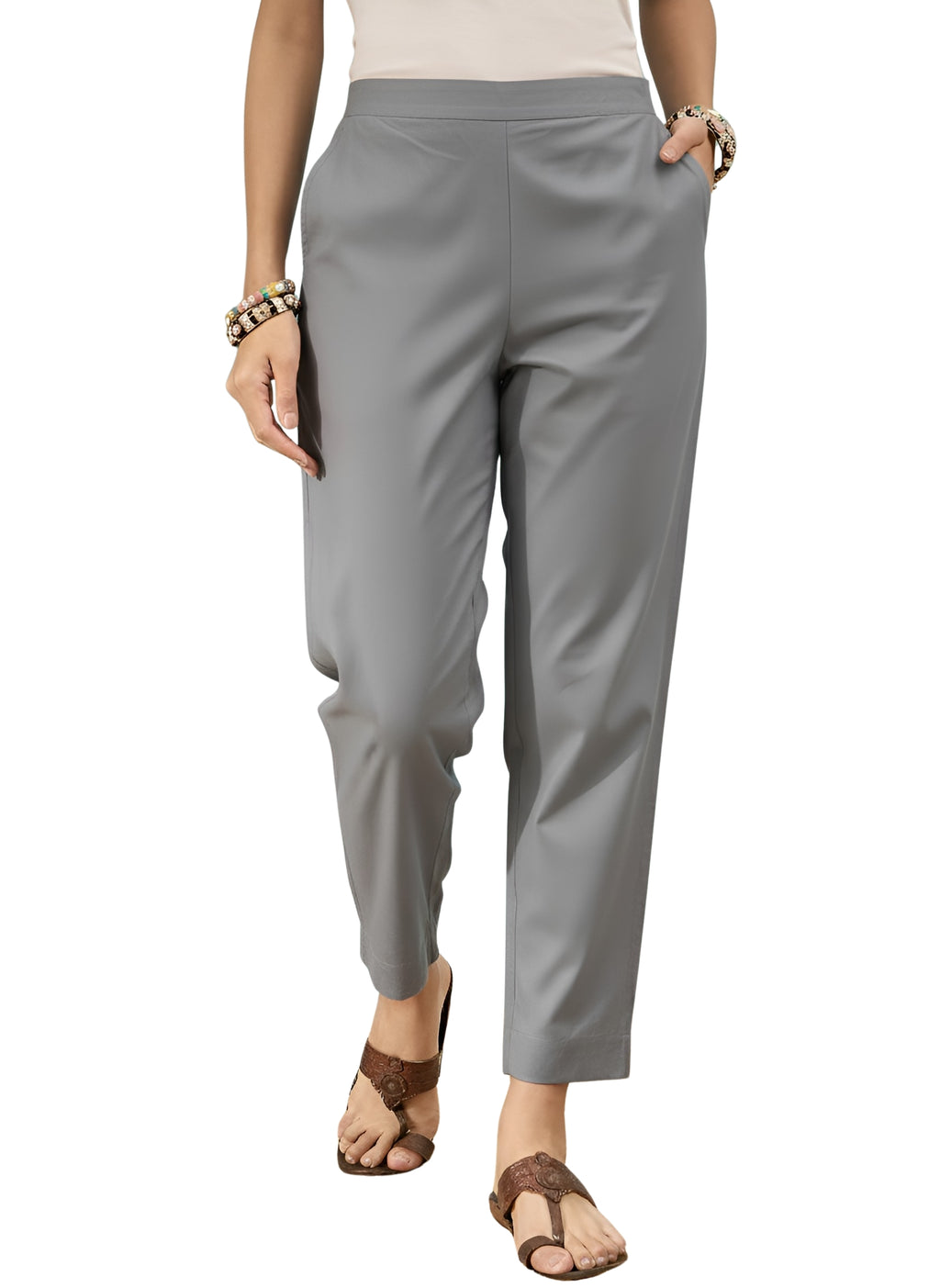 Women’s Grey Solid Cotton Trousers
