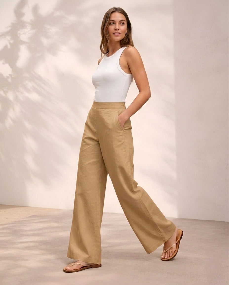 Pichawai Women's High-Waist Wide Leg Pants – Chikoo