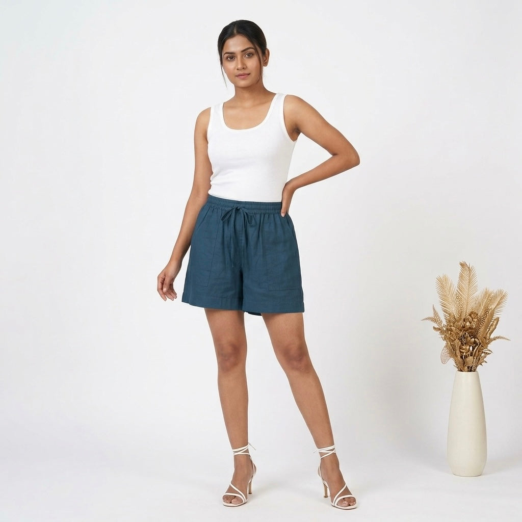Women’s Peacock Blue Solid Elasticated Drawstring Casual Shorts