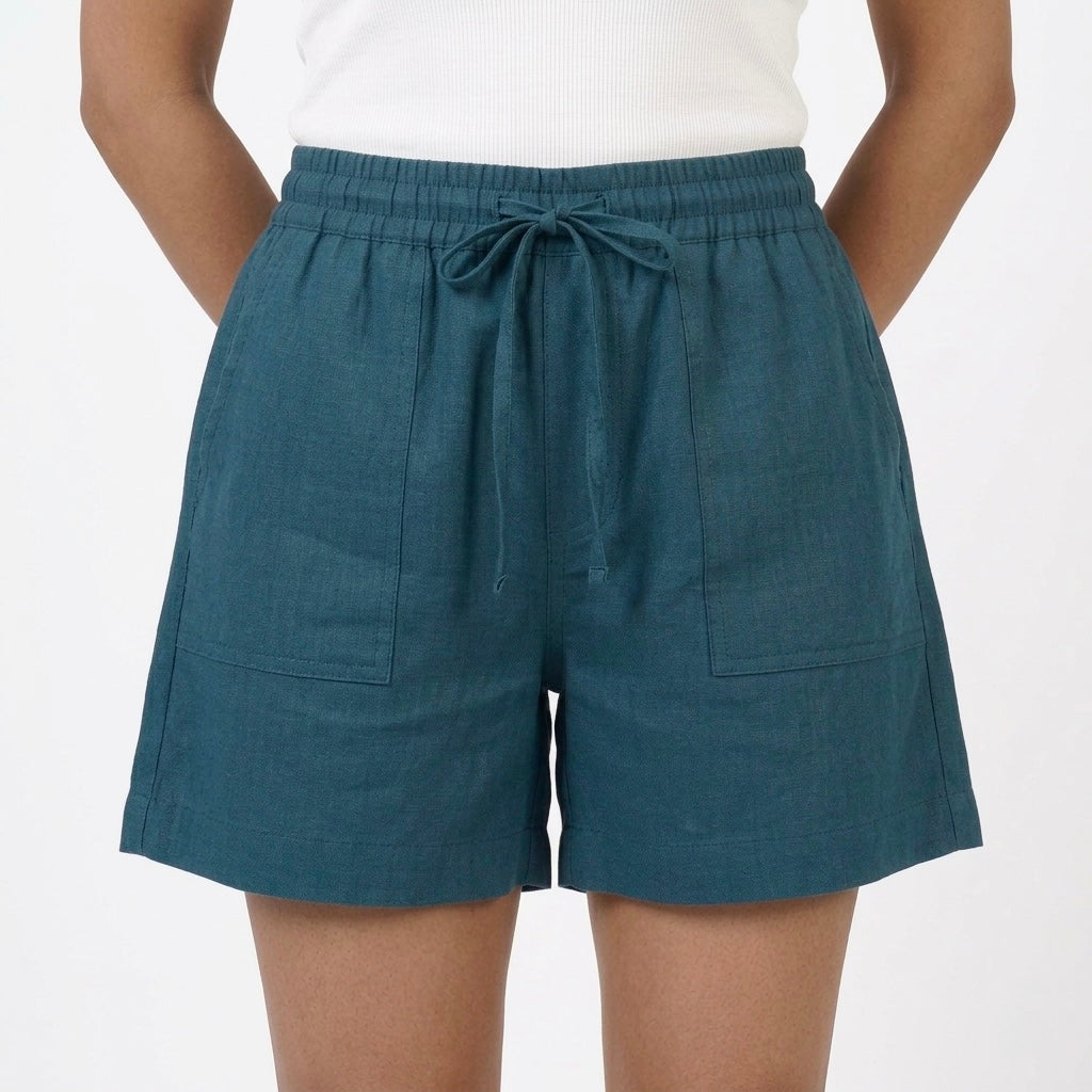 Women’s Peacock Blue Solid Elasticated Drawstring Casual Shorts