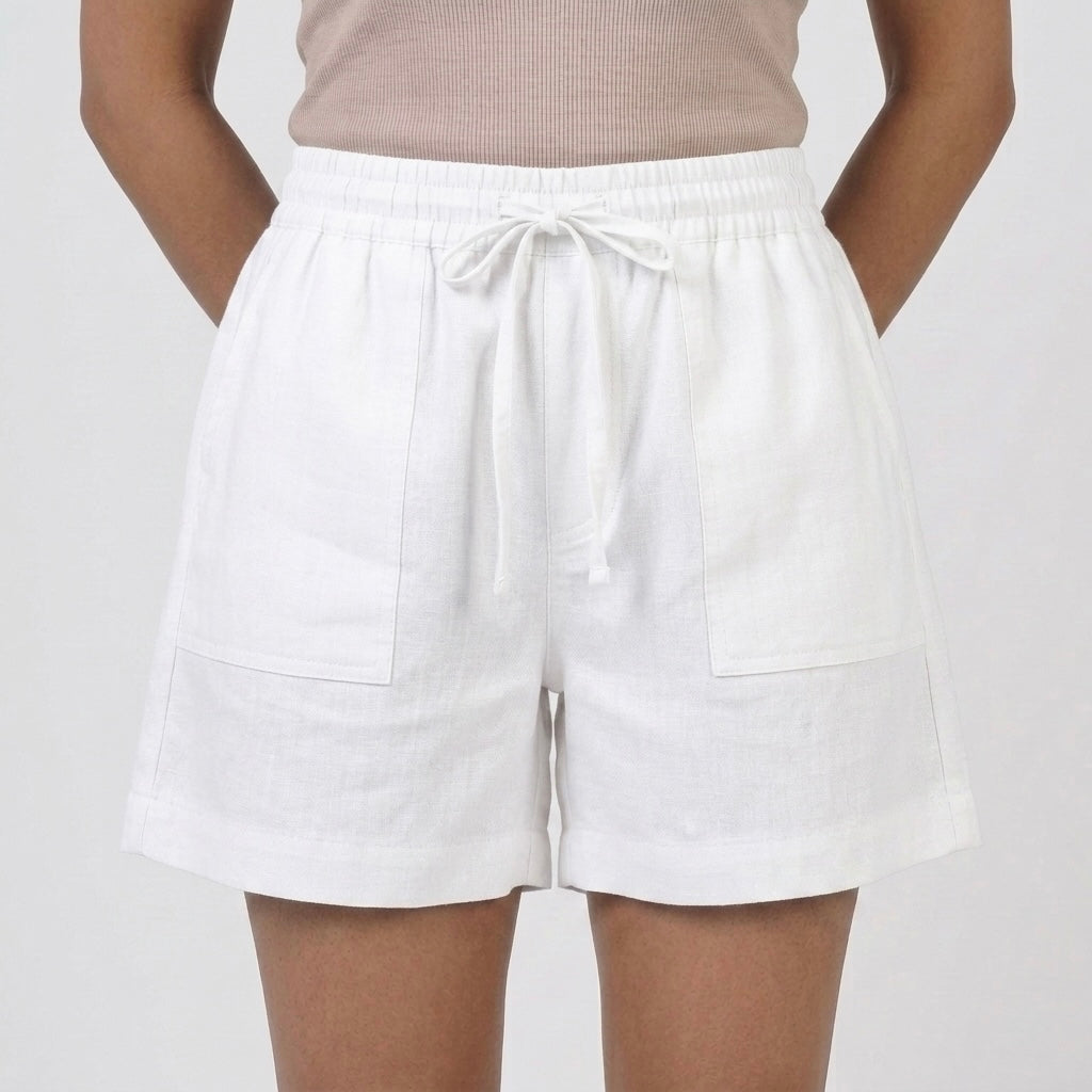 Women’s White Solid Elasticated Drawstring Casual Shorts