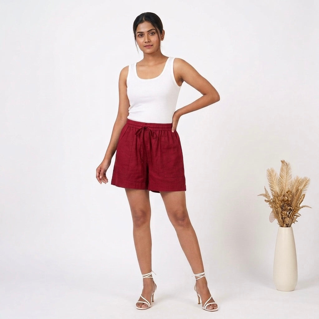Women’s Maroon Solid Elasticated Drawstring Casual Shorts