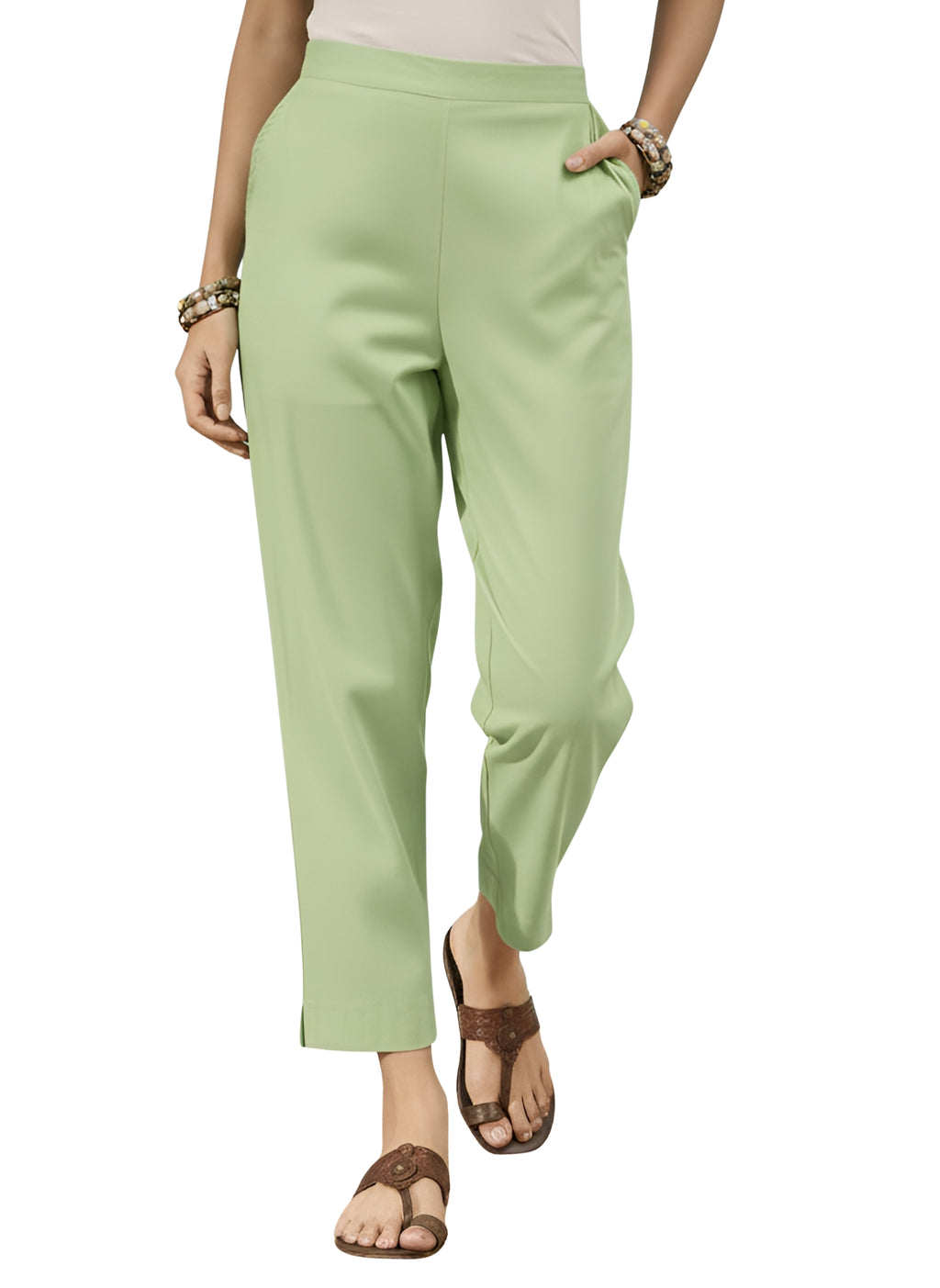 Women’s T-Green Solid Cotton Trousers