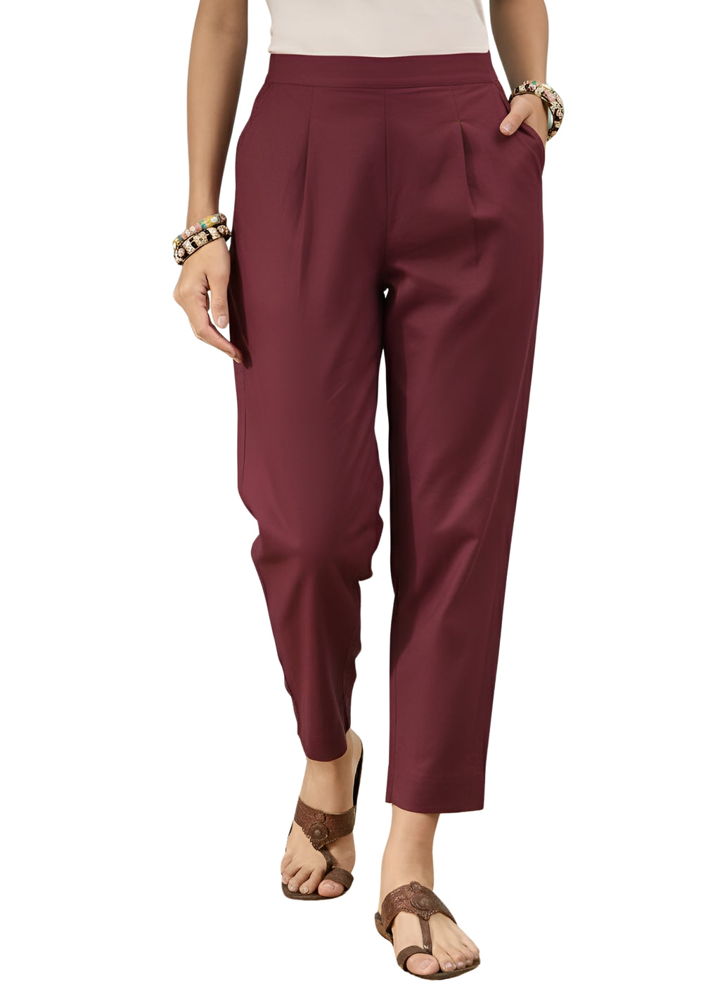 Women’s Wine Solid Cotton Trousers